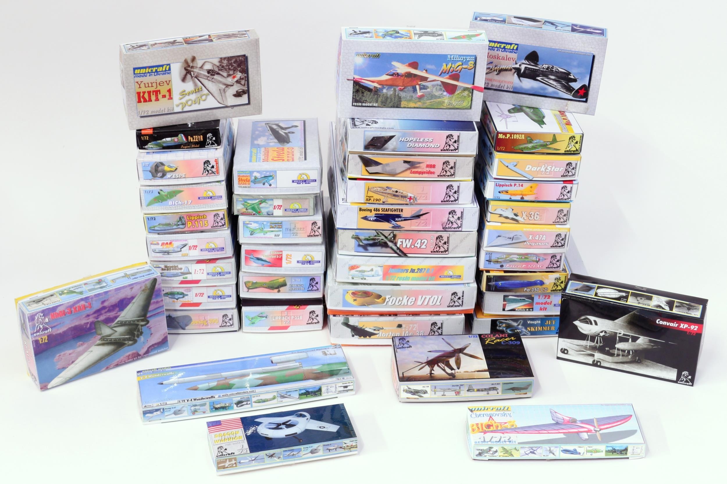 Model Making, Aviation Interest, The Late John Burgess Collection of Model Kits - a collection of Unicraft 1:72 scale model kits, including Focke Wulf FW.42, boxed; Junker Ju.287 B.1, boxed; Focke VTOL, boxed; Boeing 486 Seafighter, boxed; Payen SP.190, boxed; others, each boxed (*40)