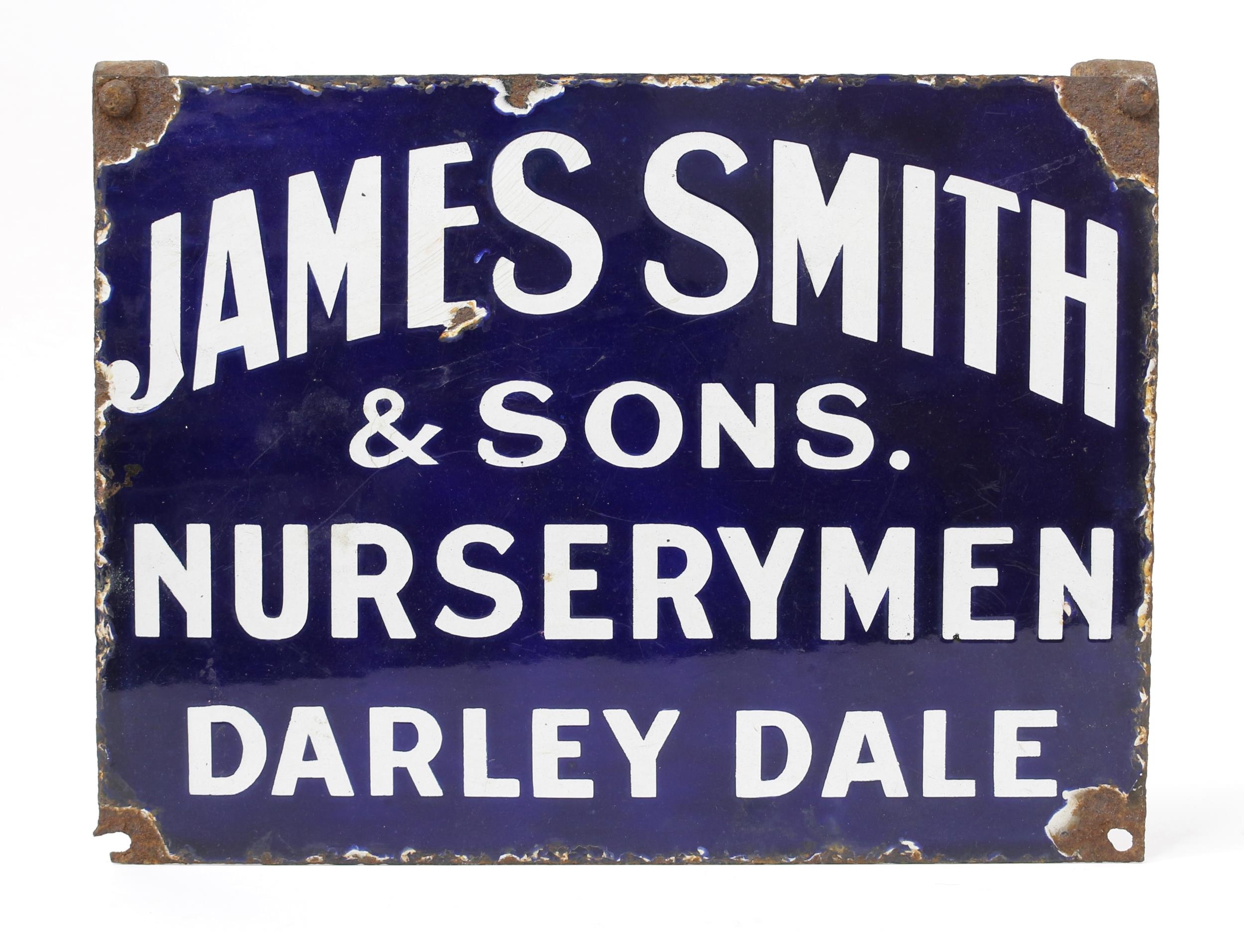Advertising, Derbyshire Interest - a rectangular shaped single sided enamel sign with top brackets, white lettering on a cobalt blue ground, 'JAMES SMITH & SONS., NURSERYMEN, DARLEY DALE', 23cm high, 30.5cm wide