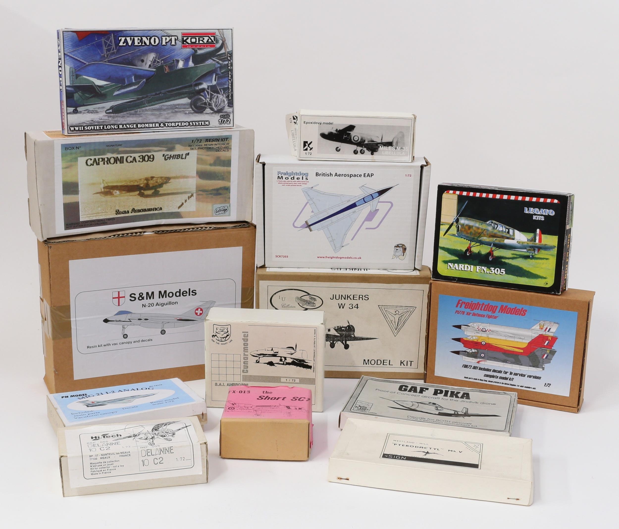Model Making, Aviation Interest, The Late John Burgess Collection of Model Kits - 1:72 scale kits, comprising Kora Models No.7268 Zveno PT, boxed; Vintage Models Caproni CA309 "Ghibli", boxed; IU Collection Junkers W34, boxed; Freightdog Models P177R 'Air Defence Fighter', boxed; Legato Kits LK009 Nardi FN.305, boxed; High Planes Models No.72010 GAF Pika, boxed; Join The Smart Line S.A.I. Ambrosini S.S.4, boxed; S&M Models SMK72-04 N-20 Aiguillon, boxed; others, each boxed (14)