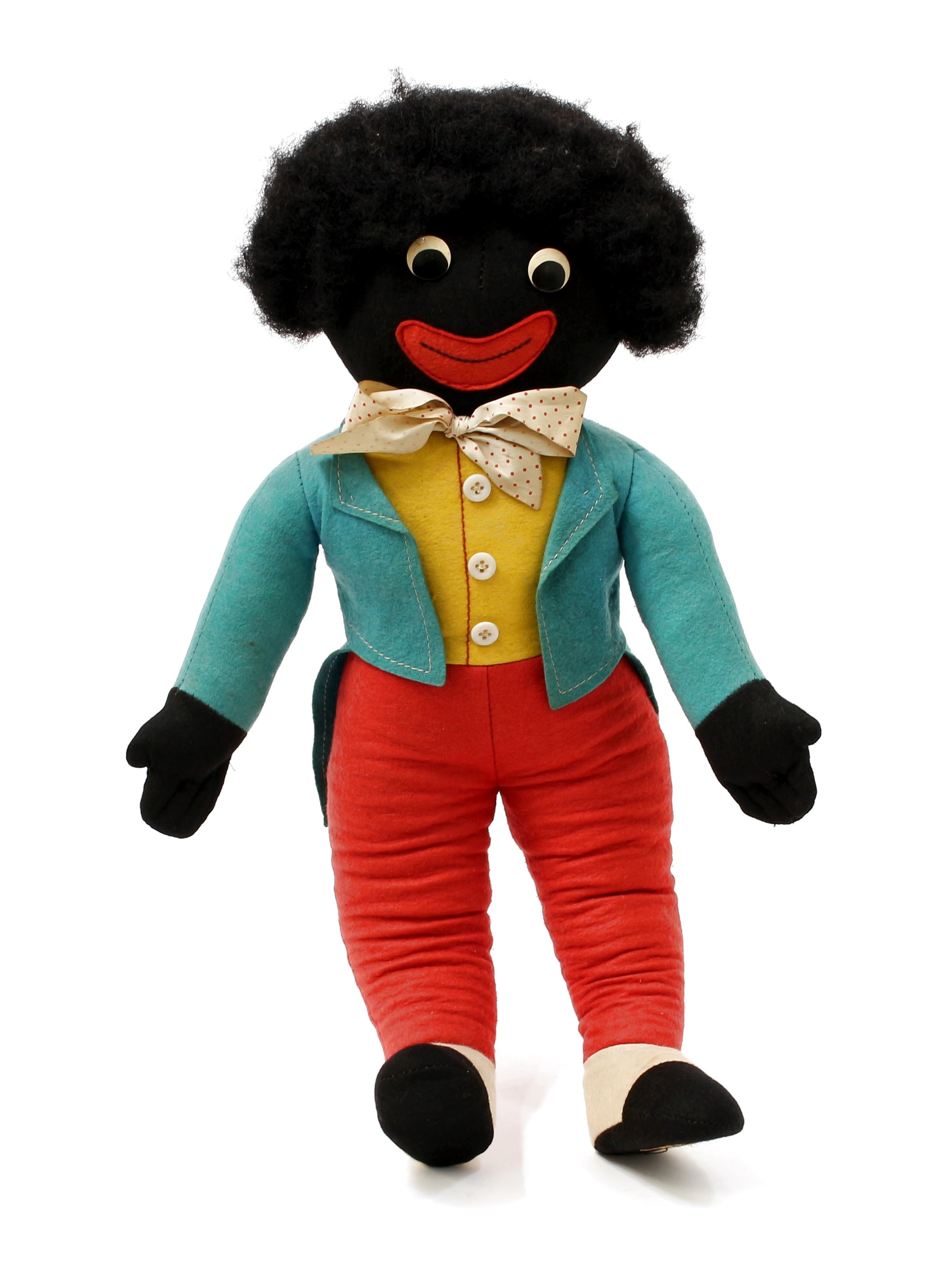 Juvenalia - a 1950's Merrythought stuffed cloth and felt Golly, painted white button eyes, red felt mouth with black stitching, black hair, trademark rectangular shaped 'MERRYTHOUGHT, IRONBRIDGE SHROPS., MADE IN ENGLAND' label to foot, 51cm high