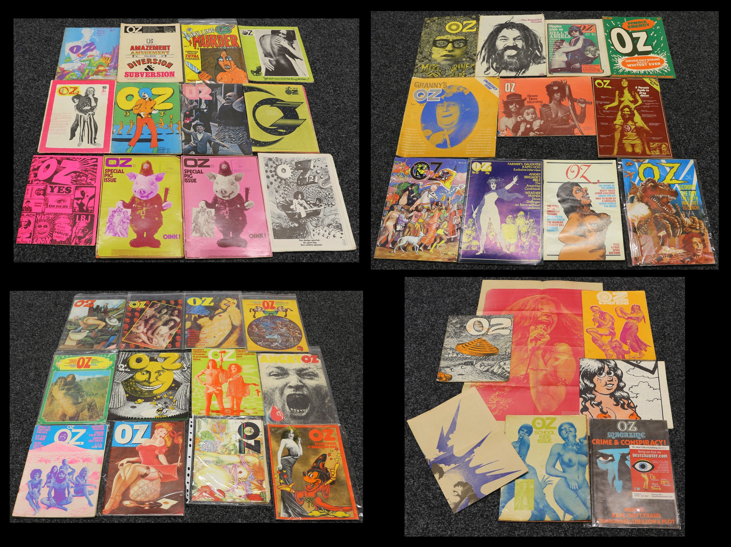 Counter Culture - a collection of late 1960's and 1970's Oz alternative/underground magazines, various issues, comprising No.6, No.7, No.8, No.9, No.11, No.12, No.13, No.14, No.15, No.19, No.20, No.21, No.22, No.23, No.24, No.26, No.28, No.29, No.30, No.31, No.32, No.33, No.34, No.35, No.35, No.36, No.37, No.37, No.38, No.39, No.40, No.41, No.42, No.43, No.44, No.45, No.46, No.47 and No.48; various poster inserts (quantity)