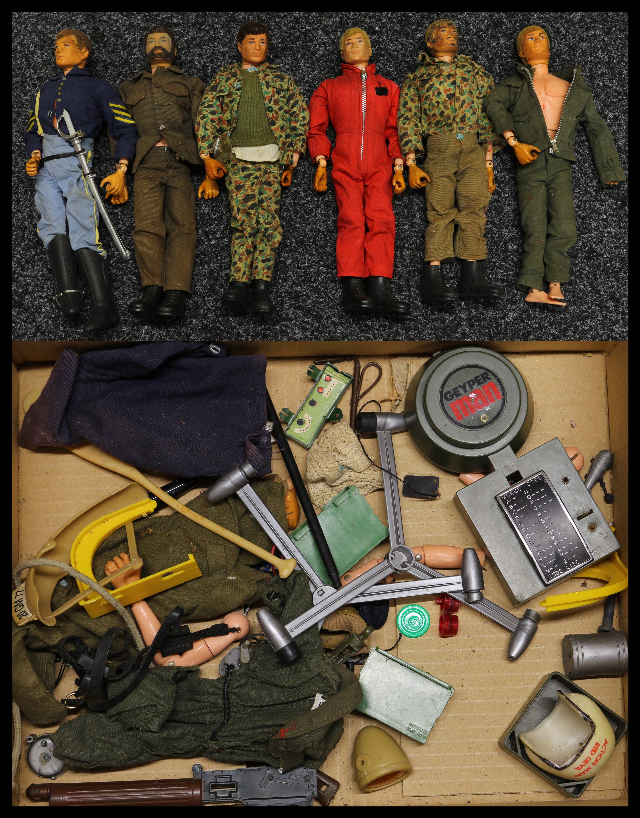 A collection of 1970's Palitoy Action Man figures, various examples including an example with blonde flock hair and 'eagle eyes'; others, each unboxed with various clothing and accessories (quantity)