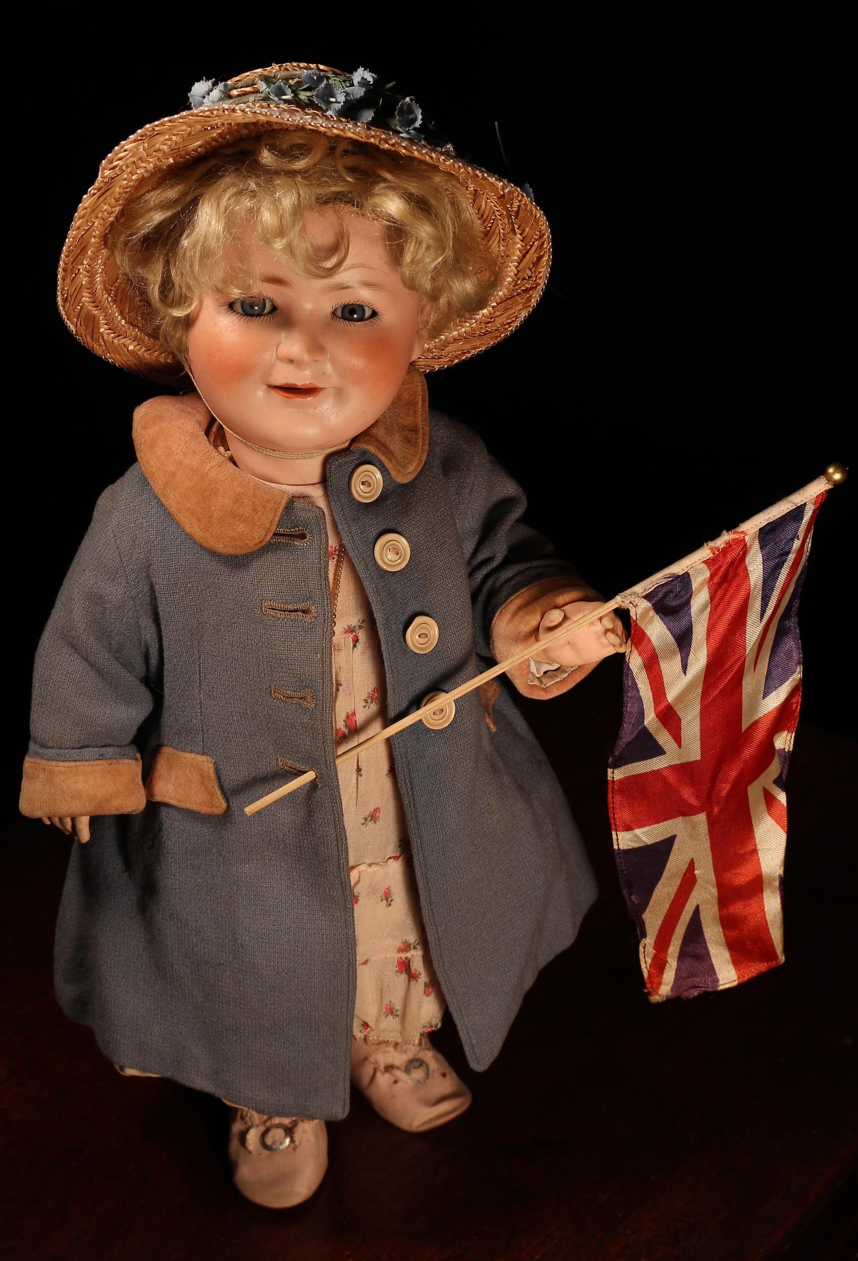 A Schoenau & Hoffmeister/Porzellanfabrik Burggrub (Germany) bisque head and jointed painted composition Princess Elizabeth doll, the bisque head with weighted sleeping blue glass eyes, painted features including feathered brown eyebrows and fine eyelashes, open mouth revealing upper teeth, blonde wig on pate, impressed marks 'PORZELLANFABRIK BURGGRUB, PRINCESS ELIZABETH, 3½, MADE IN GERMANY', 43cm high