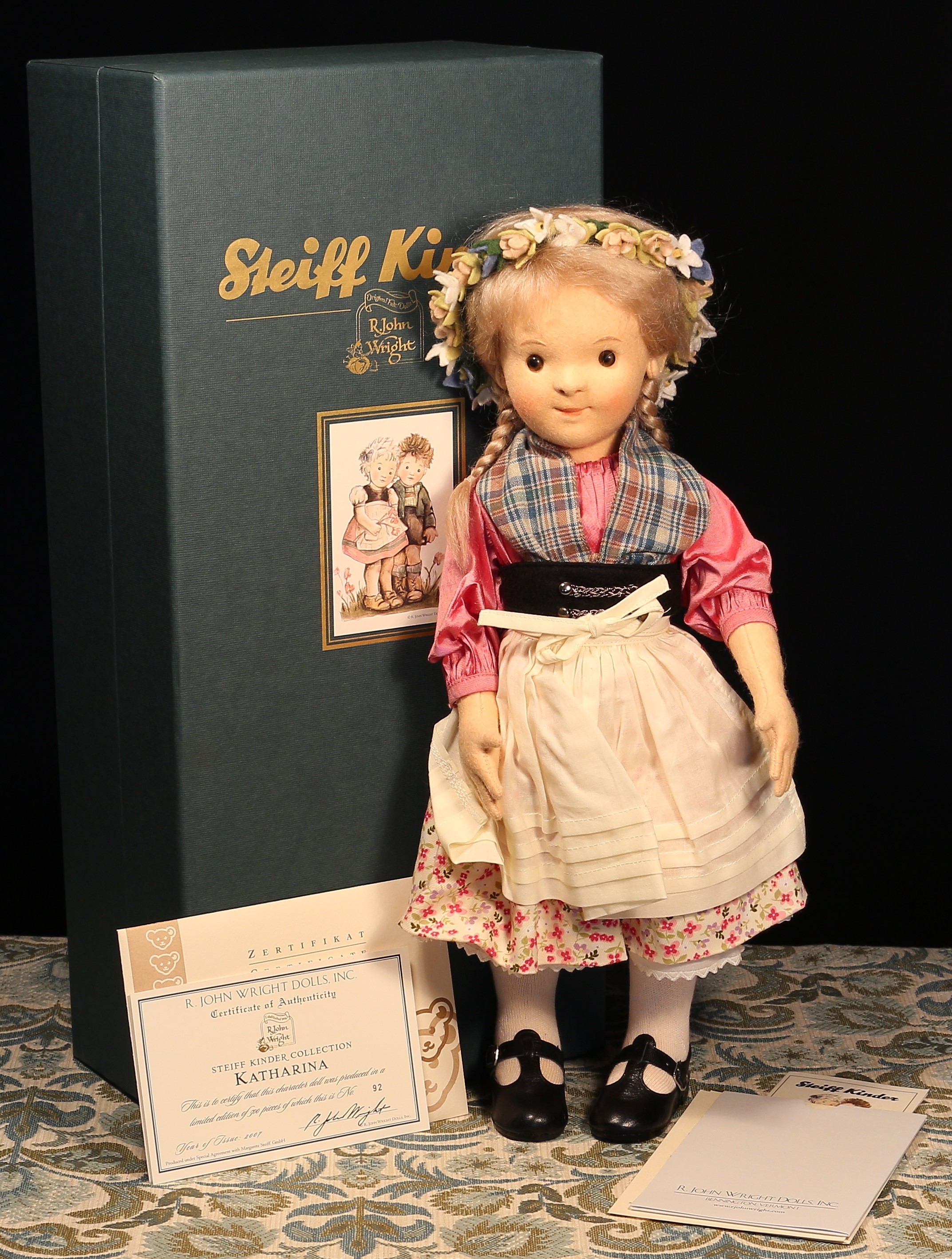 Steiff (Germany) EAN 710247 R.John Wright Steiff Kinder Collection Katharina felt doll, trademark 'Steiff' button to ear, RJW button to skirt with tag, 42cm high, boxed with certificate, literature and outer cardboard box with sleeve, Limited Edition No.00092 of 500