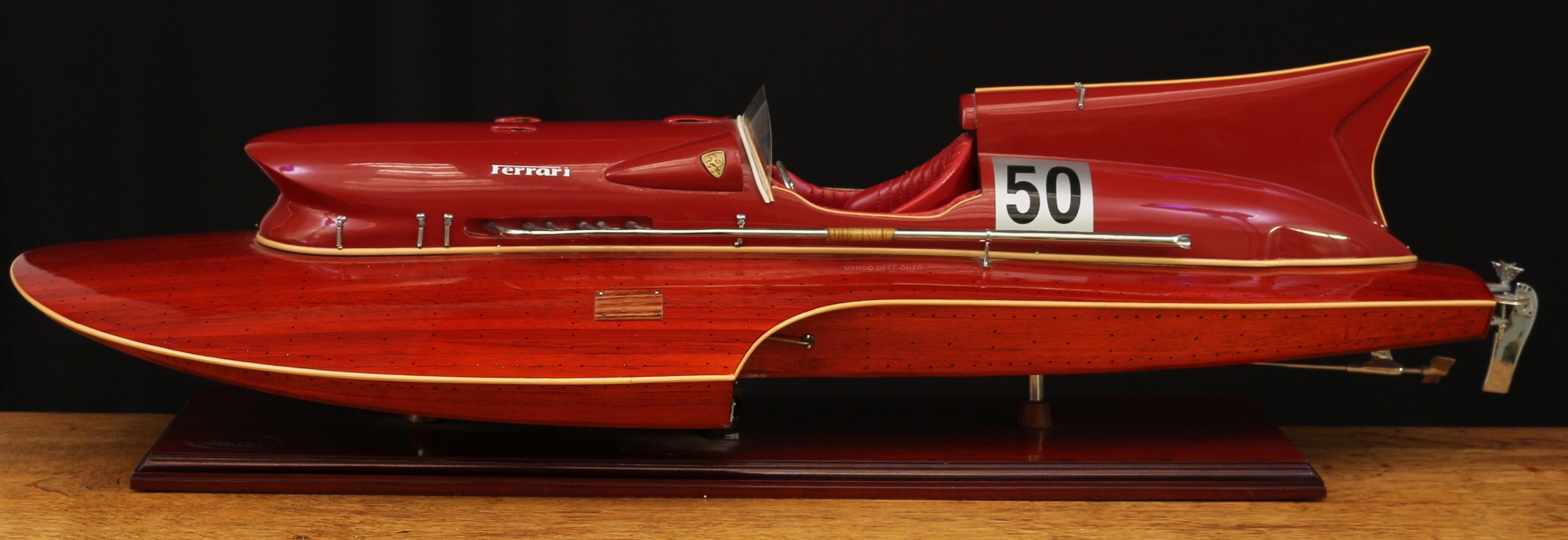 An Amati 1:8 scale kit built model of a 1953 Ferrari Arno X1 hydroplane, plank on frame construction, 81cm long, presented on a rectangular shaped display stand with certificate of authenticity