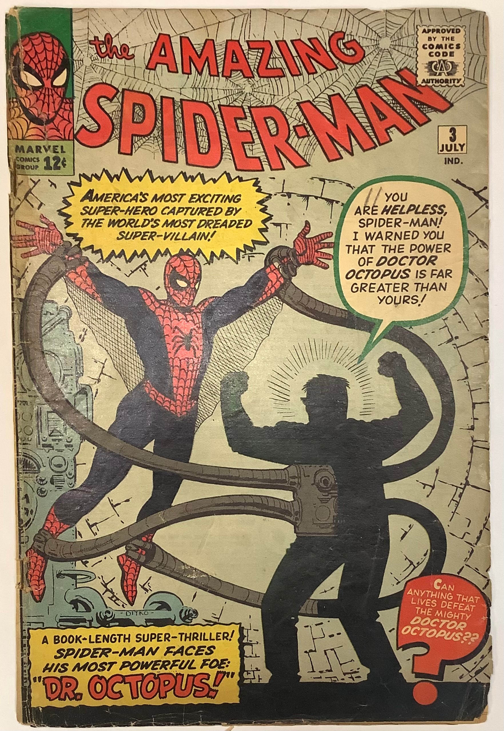Amazing Spiderman #3 (1963). Written by Stan Lee, cover art by Steve Ditko. Low grade. 1st appearance of Dr. Octopus.