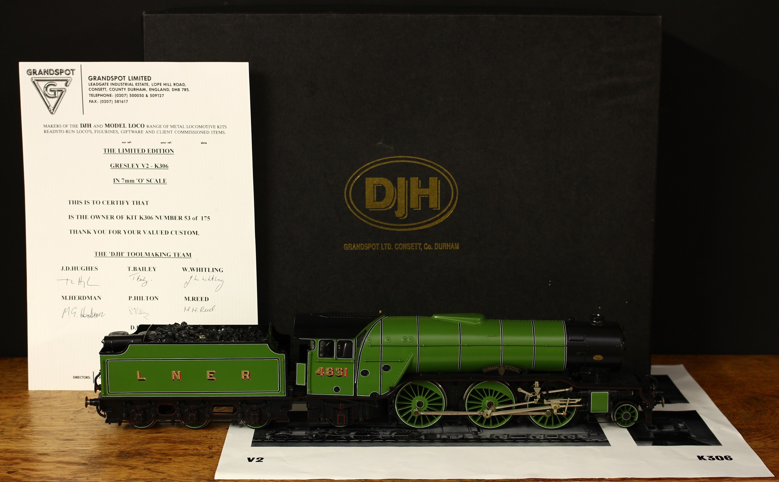 A DJH (Grandspot Ltd. Consett, Co.Durham) K306 O Gauge kit built Gresley V2 "Durham School" 2-6-2 locomotive and six wheel tender, LNER green livery, no.4831, boxed with certificate signed by the DJH tool making team, Limited Edition No.53 of 175
