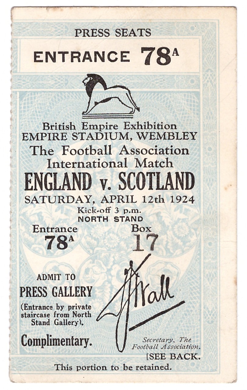 Sport, Football - a complimentary press seat ticket stub for the Football Association International match, England v Scotland, Saturday 12th April 1924, press seats North Stand, entrance 78A, Box 17  This fixture was the first International match at The Empire Stadium, Wembley. The match ended in a 1-1 draw.