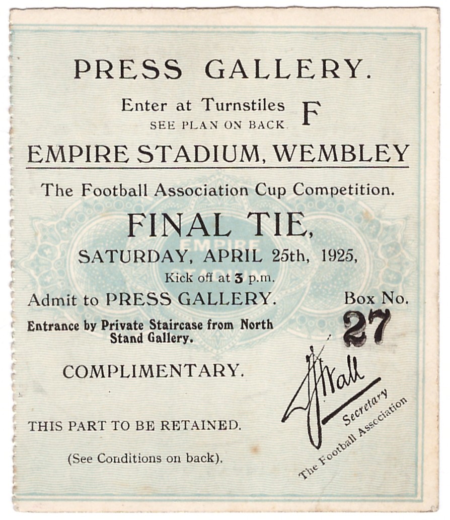 Sport, Football - a complimentary press gallery ticket stub for the Football Association Cup Competition Final Tie match, Sheffield United (The Blades) v Cardiff City (Bluebirds), Saturday 25th April 1925, press galley, Box no.27  The match was played at The Empire Stadium, Wembley and ended in a 1-0 win to Sheffield United with a single goal from Fred TUNSTALL.