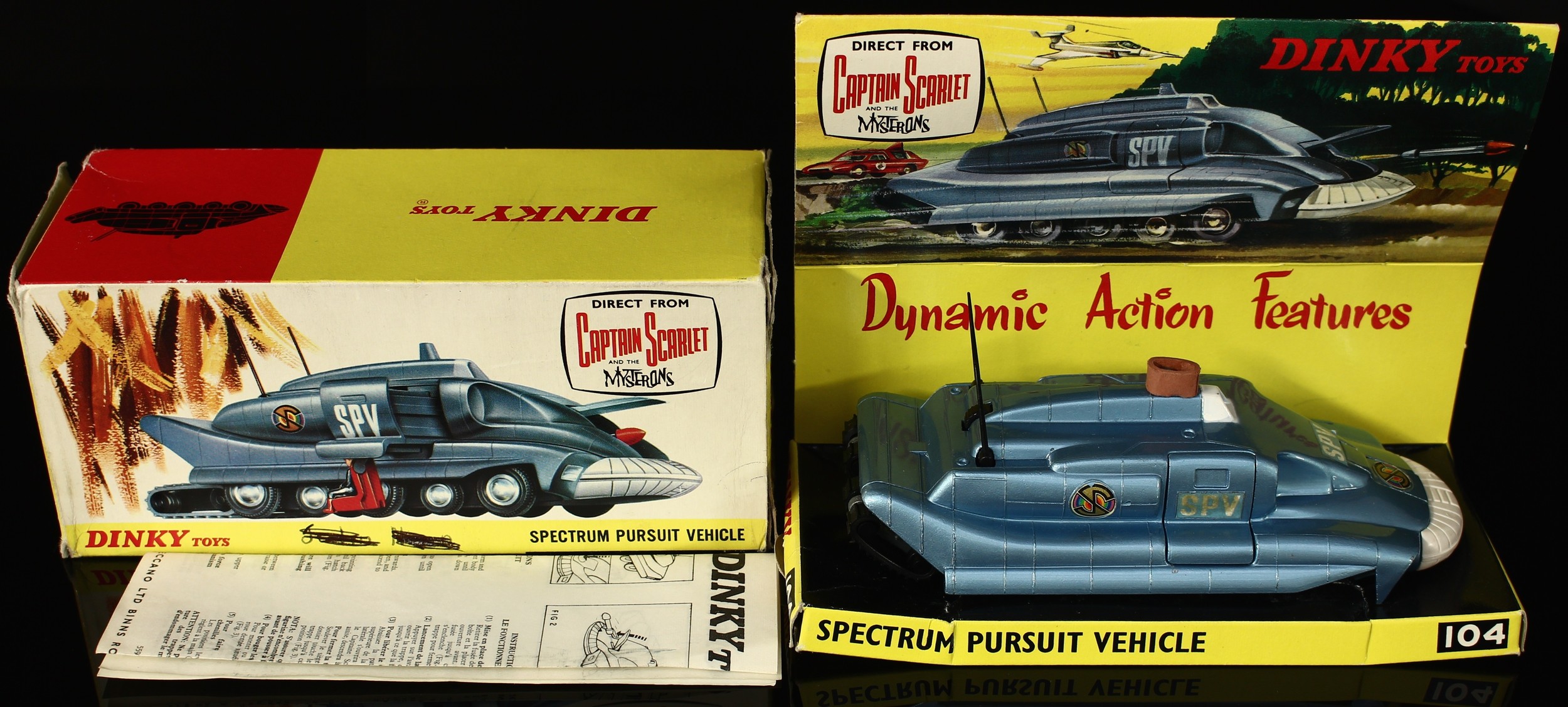 Dinky Toys 104 Spectrum Pursuit vehicle from the Gerry Anderson T.V. series Captain Scarlet and the Mysterons, metallic steel blue body with various decals, white front bumper piece, side door opening to reveal seated plastic Captain Scarlet figure, twin black plastic aerials intact, boxed with original inner pictorial display stand, original operating instructions literature sheet, packaging piece and single plastic rocket