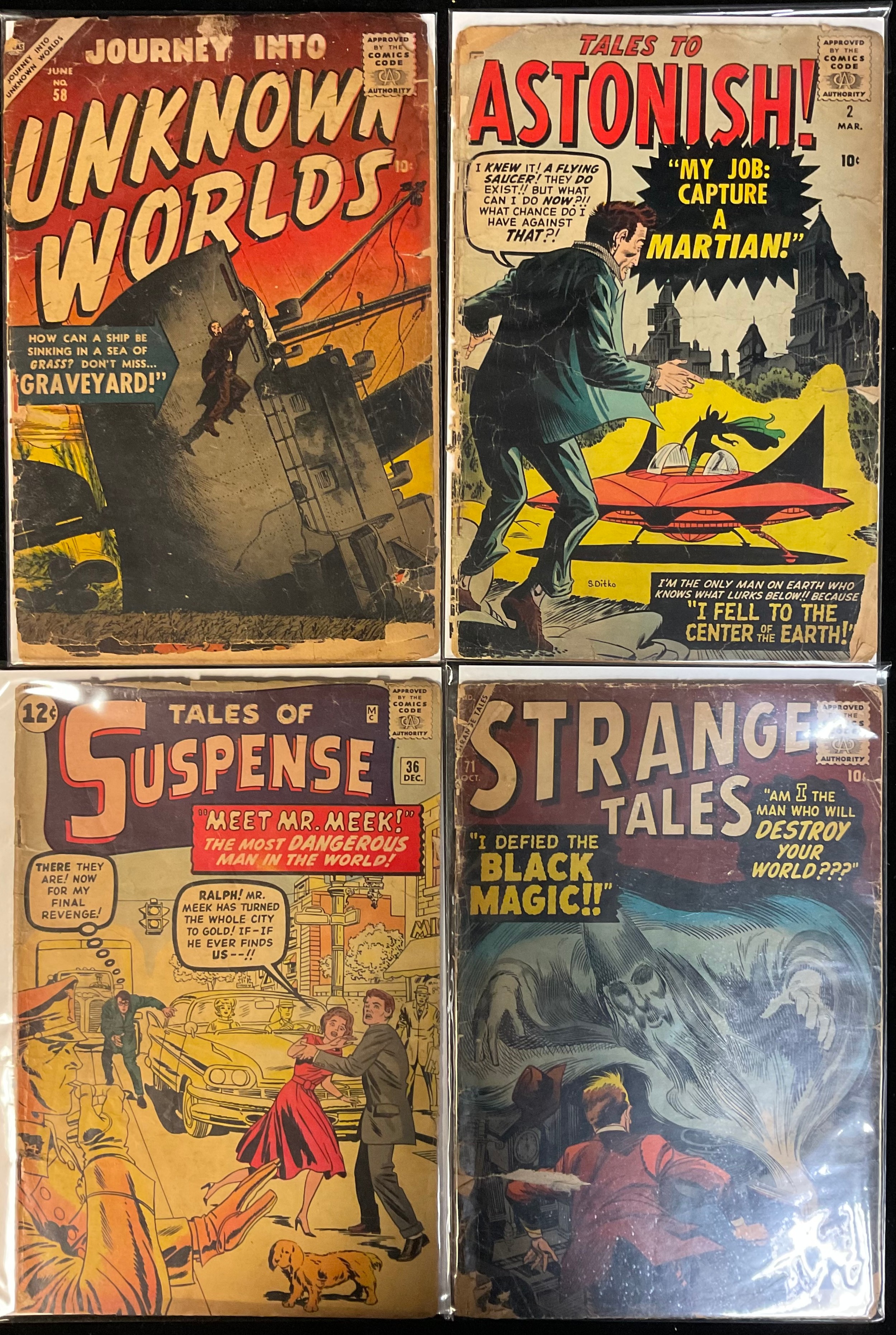 4 Rare silver age marvel comics. Journey into Unknown Worlds #58 (1957) Tales to Astonish #2 (1959). Tales of Suspense #36 (1962) Strange Tales #71 (1959). Low grade.