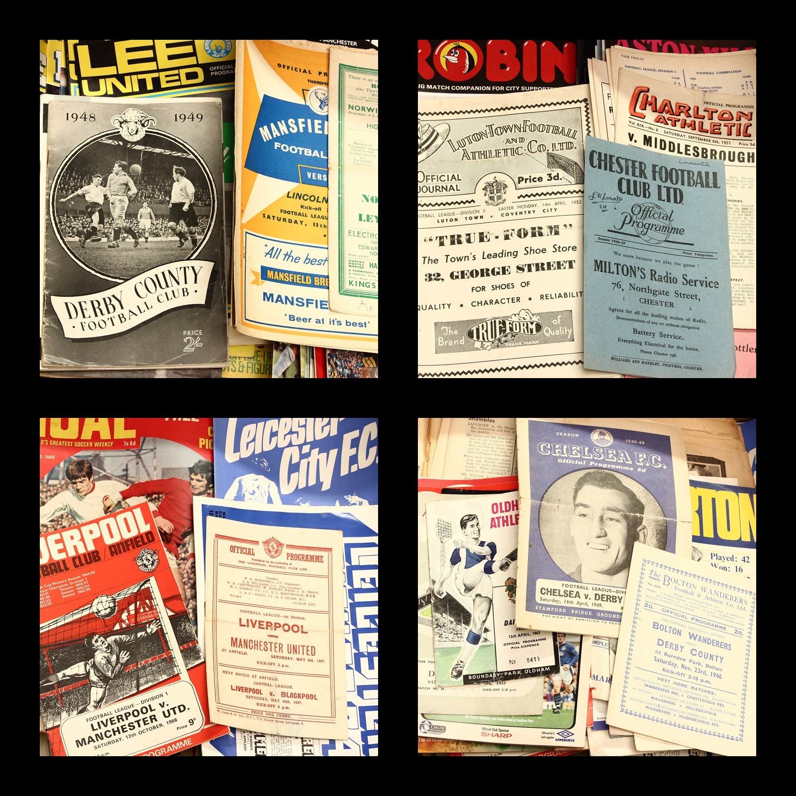 Sport, Football - a collection of late 1940's and later football programmes, mostly league fixtures, some Derby County away programmes, including Leicester City vs Derby County, Wednesday 19th August, 1953; other home teams include Oldham Athletic, Portsmouth, Sheffield United, Sheffield Wednesday, Stoke City, Stockport County A.F.C., Chelsea, Bolton Wanderers, Aston Villa, Arsenal, Manchester United, Leeds United, Chester, Liverpool, Everton etc; other programmes and literature including United Reviews, newspapers and Goal magazine No.1, 10th August, 1968 (quantity)