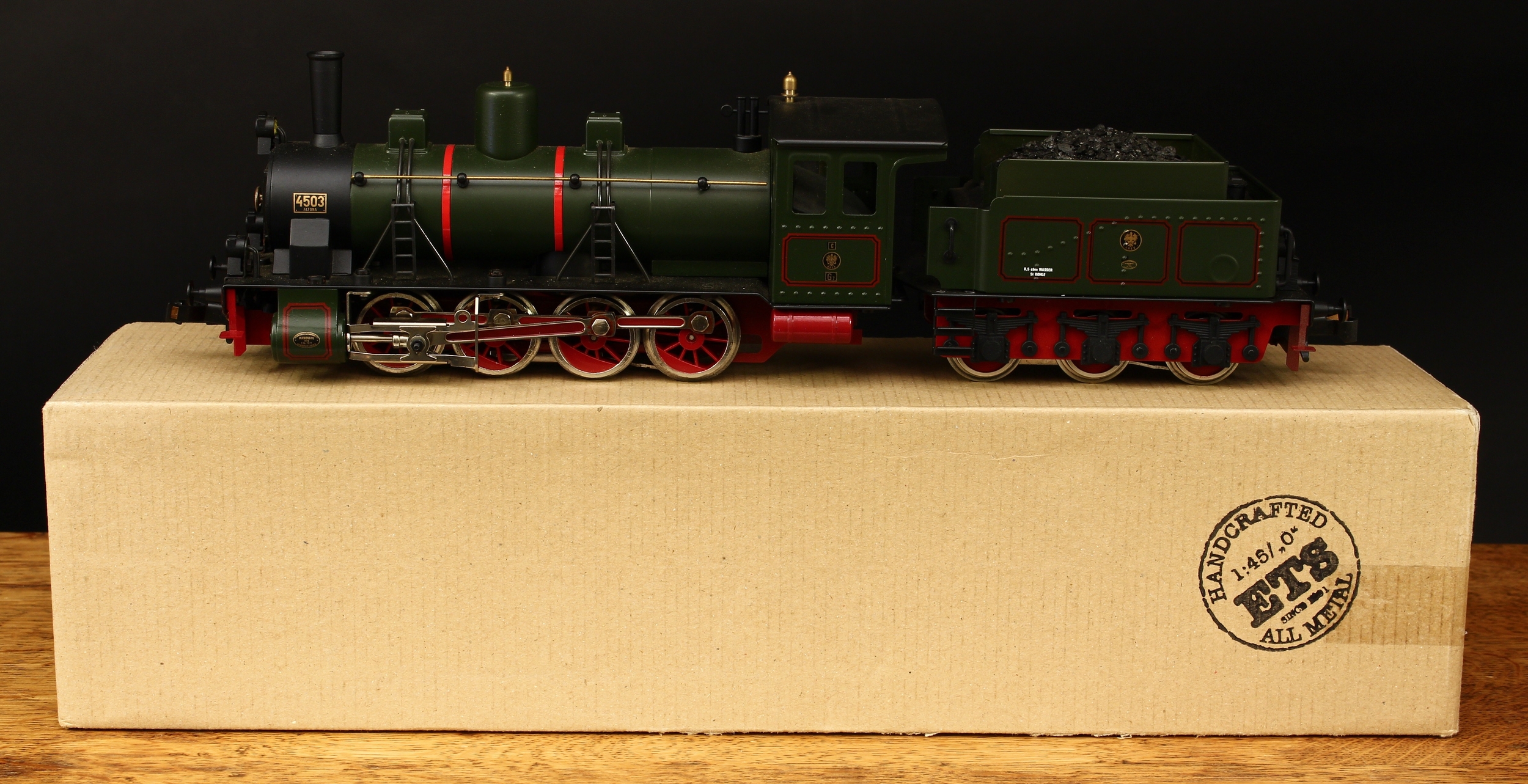 ETS (Electric Train System, Czech Republic) O Gauge tinplate 155 0-8-0 steam locomotive of the K.P.E.V. and six wheel tender, green livery, No.4503, G7.1 series, boxed