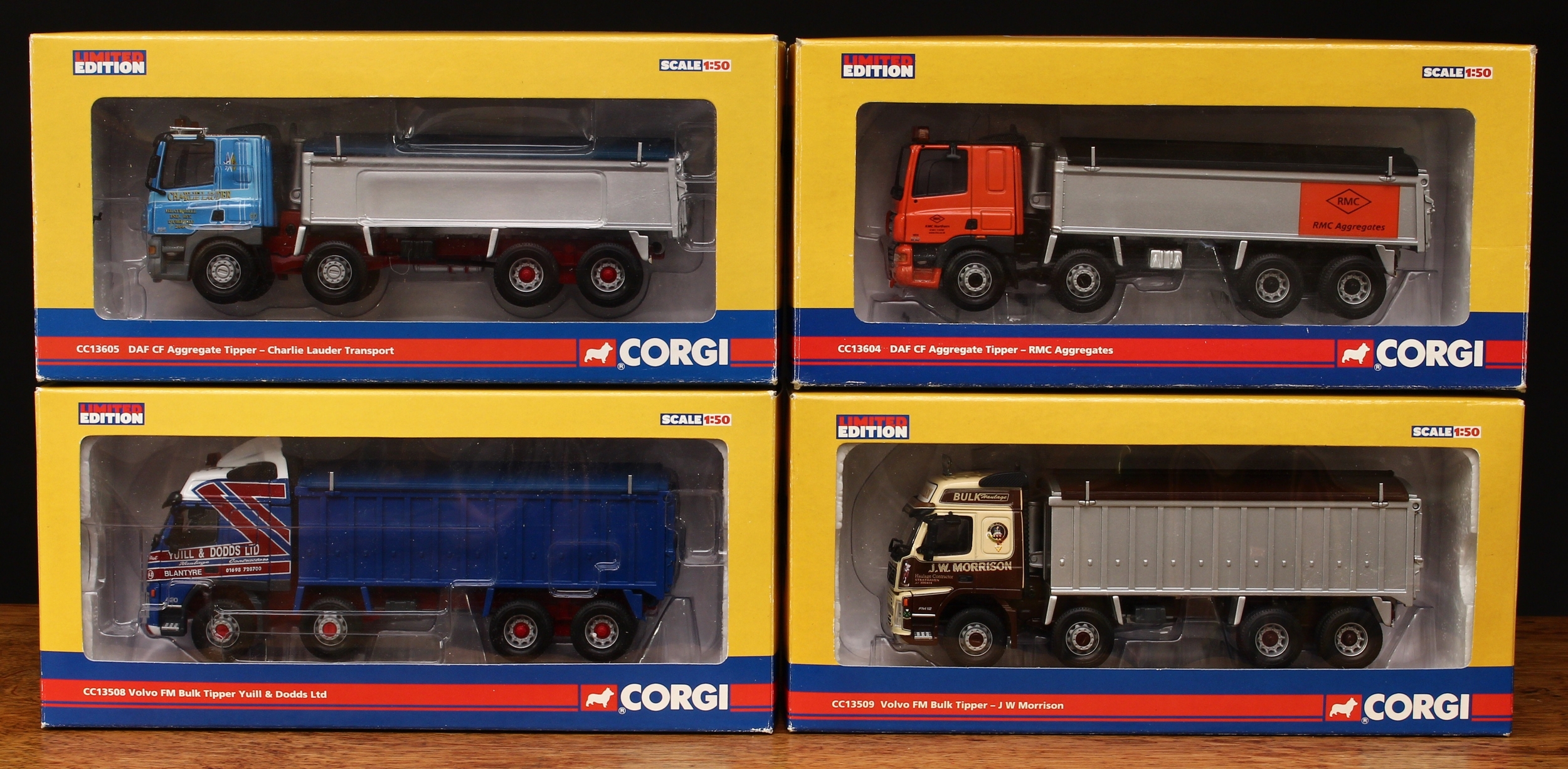 Corgi 1:50 scale Rigid Tippers models, comprising CC13508 Volvo FM bulk tipper - Yuill & Dodds Ltd., window boxed with certificate, Limited Edition No.1236 of 2,500 distributed Worldwide; CC13509 Volvo FM bulk tipper - J W Morrison, window boxed with certificate, Limited Edition No.0342 of 2,5000 produced Worldwide; CC13604 DAF CF aggregate tipper - RMX Aggregates, window boxed with certificate, Limited Edition No.0205 of 2,200 distributed Worldwide; CC13605 DAF CF aggregate tipper - Charlie Lauder Transport, window boxed with certificate, Limited Edition No.0621 of 2,000 distributed Worldwide (4)