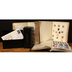 Stamps - an eclectic mix of material in three large albums and two boxes, FDC sets including 4 x 1d Blacks, all a/f, and other QV examples, £1 blue green, 10/- Ultramarine, etc, British Commonwealth A-Z low values, MINT and USED, potential