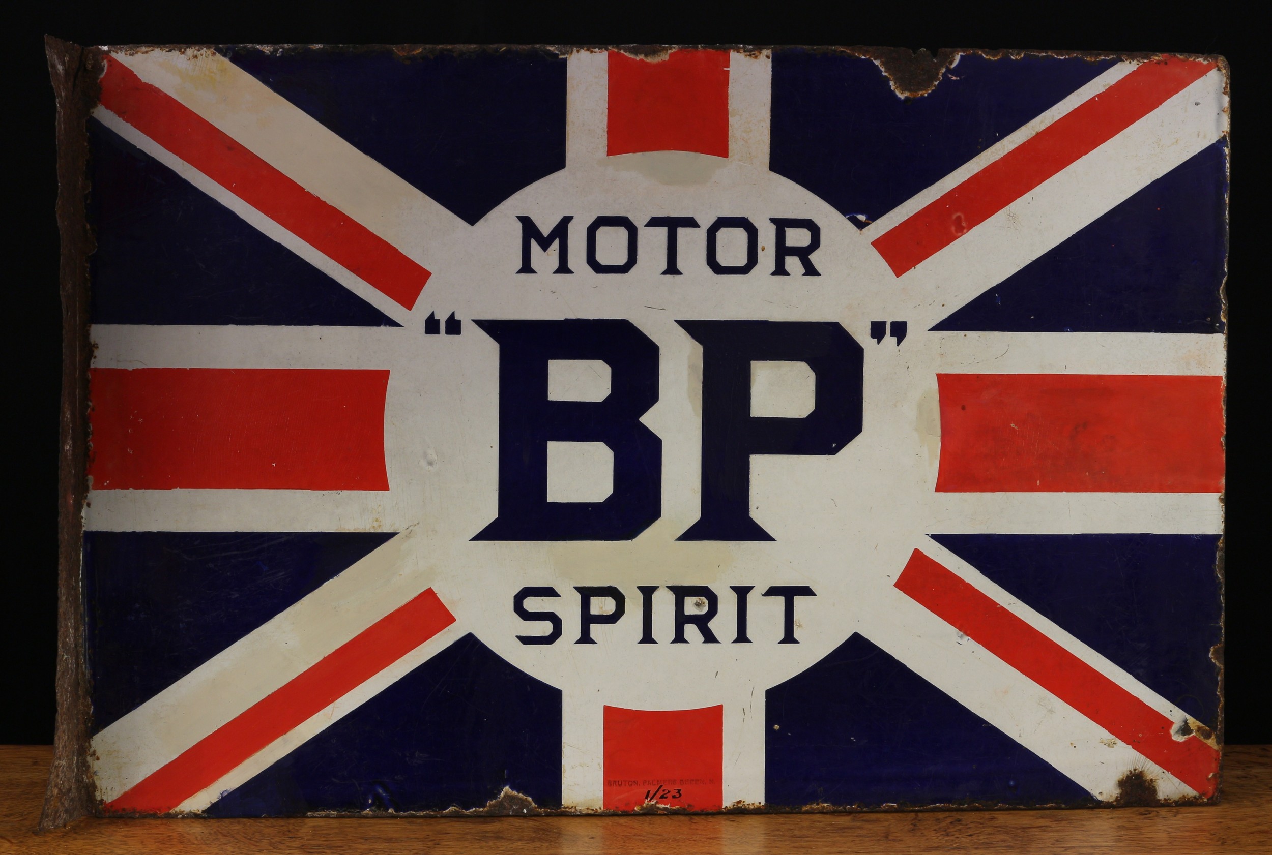 A rectangular double sided flanged enamel sign, 'MOTOR "BP" SPIRIT'