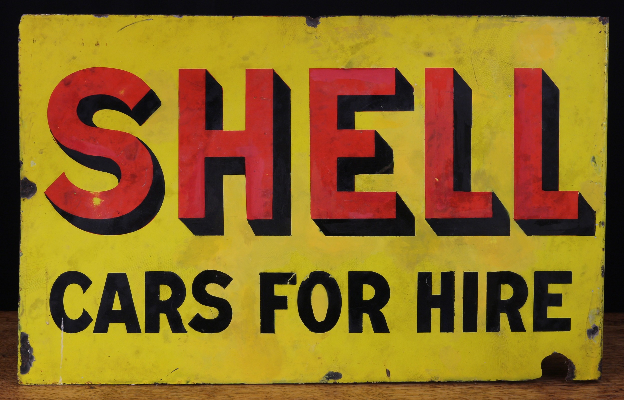 A rectangular double sided flanged enamel sign 'SHELL, CARS FOR HIRE'