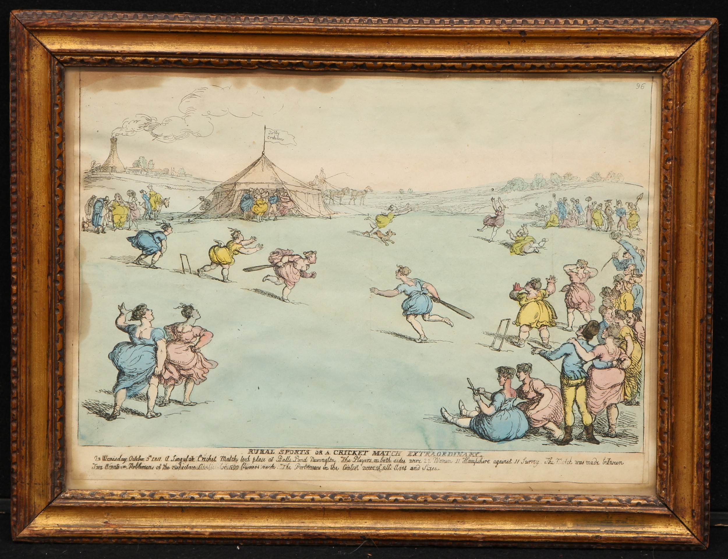 Women's Cricket - Thomas Rowlandson, a caricature, Rural Sports or a Cricket Match Extraordinary, engraved and hand coloured print, published London c,1811, 25.5cm x 35.5cm   Played for five hundred guineas, the first recorded women’s county cricket match began on the 3rd of October 1811. It was played between Hampshire and Surrey at Balls Pond on Newington Green, London and drew a great many spectators.