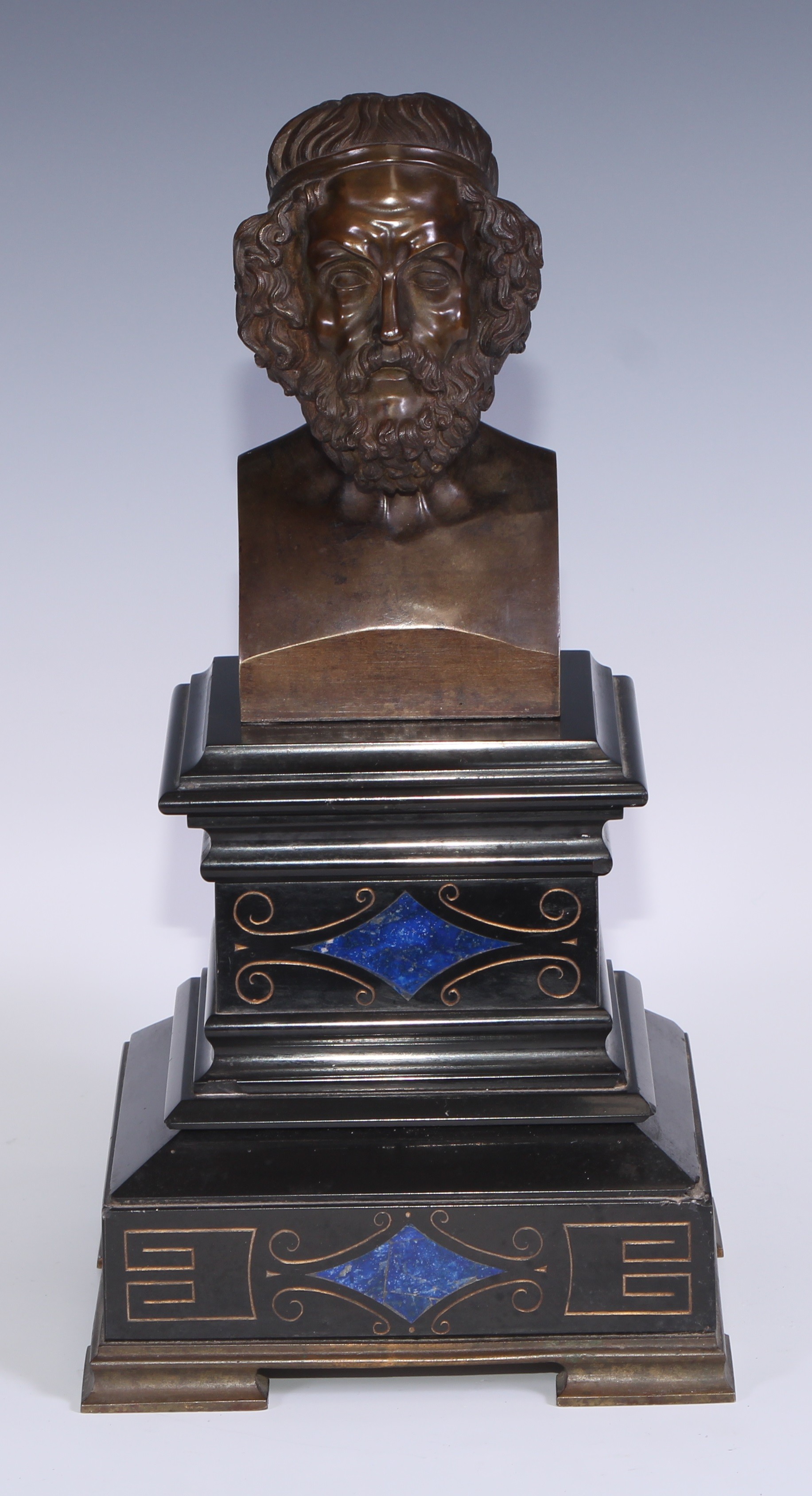 Grand Tour School (19th century), a brown patinated bronze library bust, Homer, black marble and lapis lazuli pietra dura plinth, 32.5cm high overall