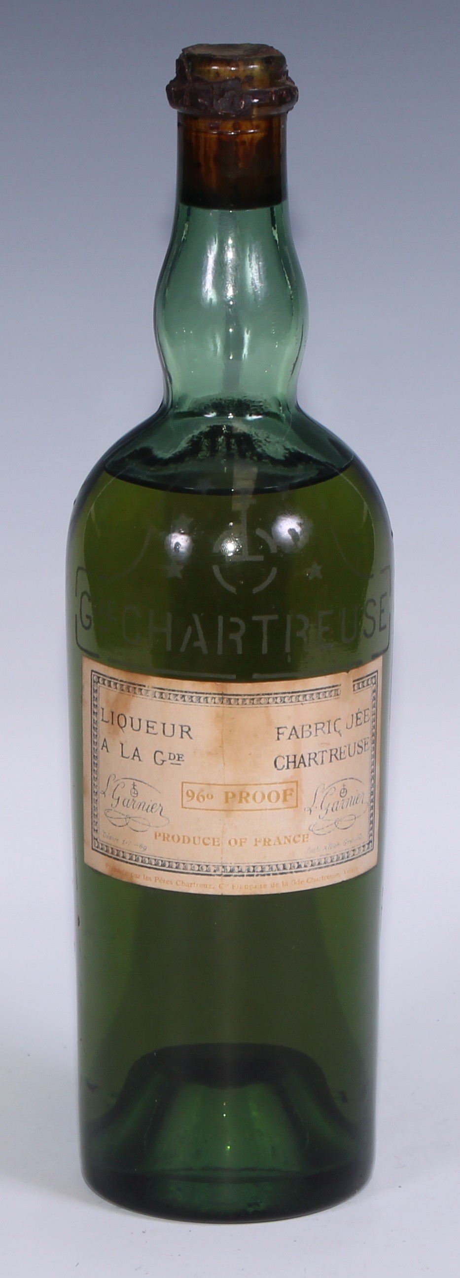 L. Garnier Chartreuse, early to mid-20th century, 96° Proof, acid etched shoulder, label OK-good, level within shoulder, cork and seal intact, [1]