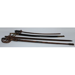 A George V rifle regiment officer's sword, 84cm straight fullered blade with GRV cipher, steel hilt with crowned bugle, shagreen grip, partial scabbard102cm long overall; a Sudanese kaskara blade; etc (4)