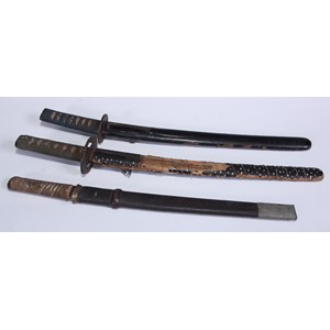 A Japanese wakizashi, 30cm curved blade, iron tsuba, cord-bound tsuka, lacquer saya, 54cm long overall; others, similar (3)