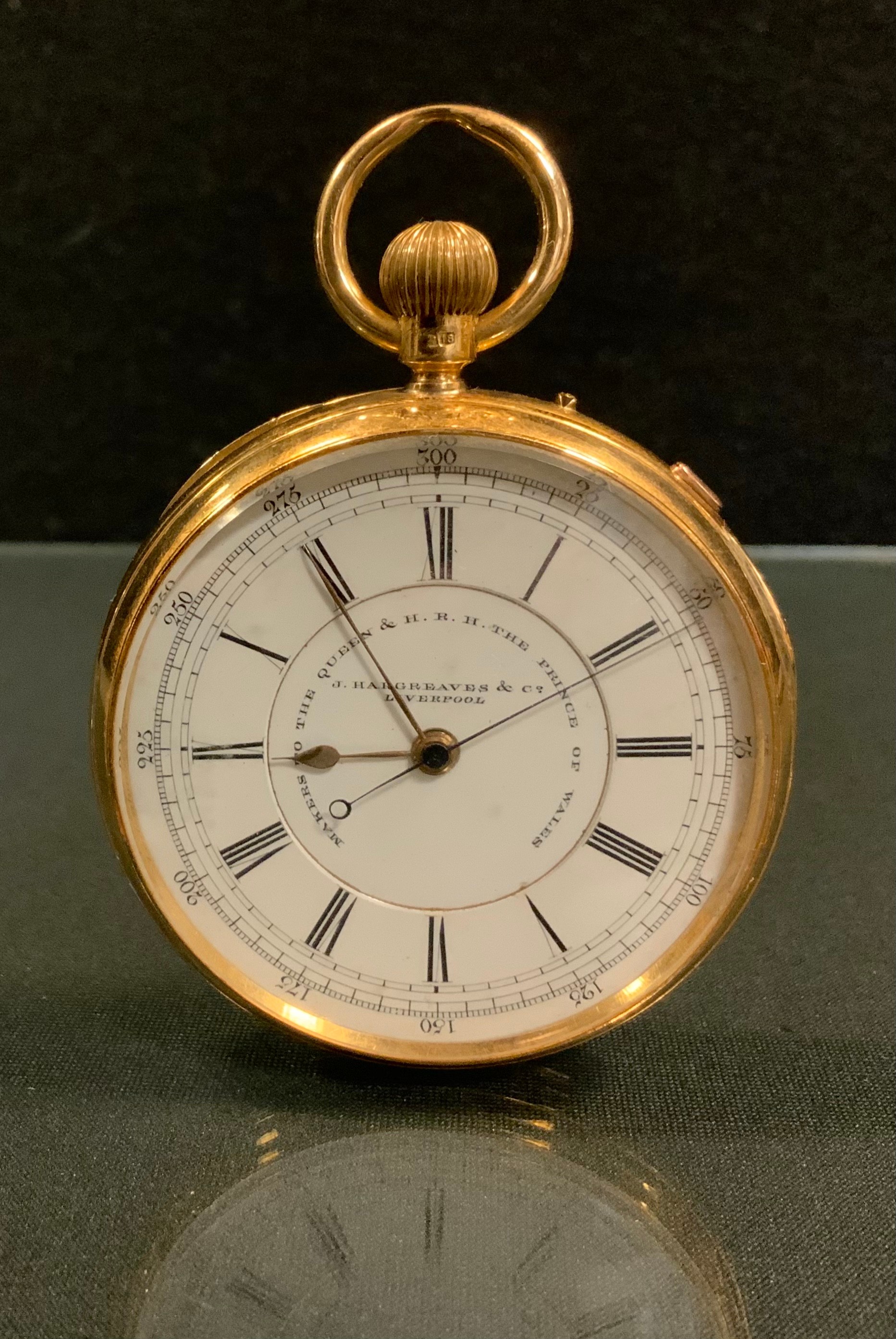 A J Hargreaves & Co, Liverpool, 18ct gold cased open face pocket watch, white enamel dial, signed makers to the Queen and HRH the Prince of Wales, Roman numerals, centre seconds, minute track, button wind movement, serial no 54160, 18ct gold case, Chester 1895, 5.5cm diameter, 128g gross.