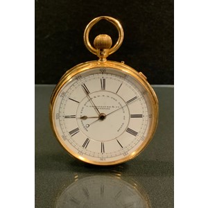 A J Hargreaves & Co, Liverpool, 18ct gold cased open face pocket watch, white enamel dial, signed makers to the Queen and HRH the Prince of Wales, Roman numerals, centre seconds, minute track, button wind movement, serial no 54160, 18ct gold case, Chester 1895, 5.5cm diameter, 128g gross.