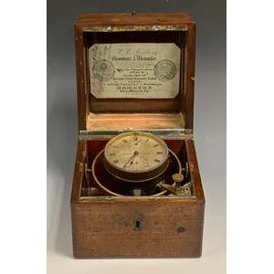 A 19th century ship's gimbal marine chronometer/watch, the silvered dial inscribed Tiede, Berlin,  subsidiary seconds dial, mahogany case, 15cm wide, c.1870