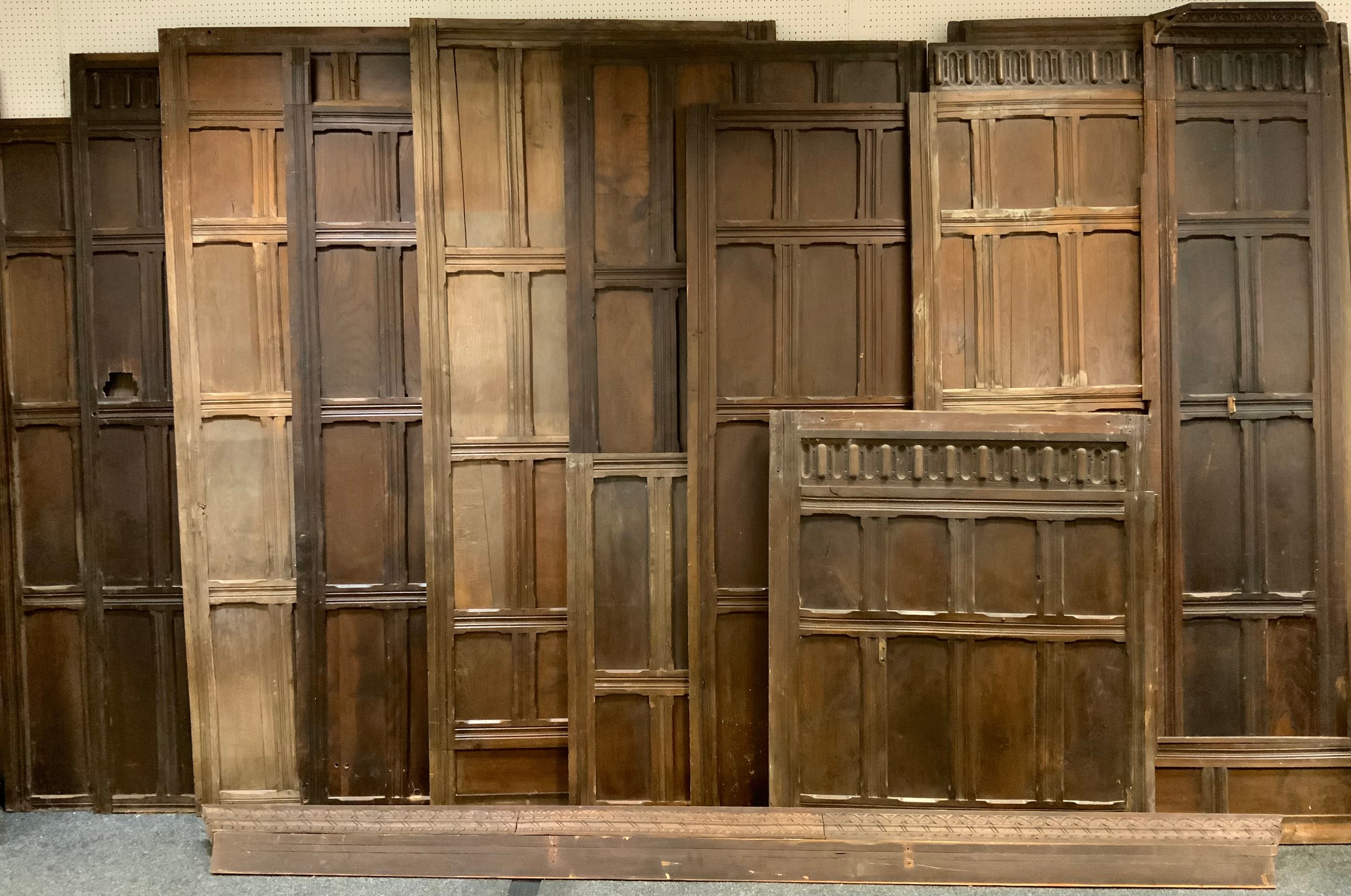 Architectural Salvage - a large of quantity of 19th century oak 'Wainscote' panelling, approx.230cm high, 1210cm wide, in eleven panels, some smaller