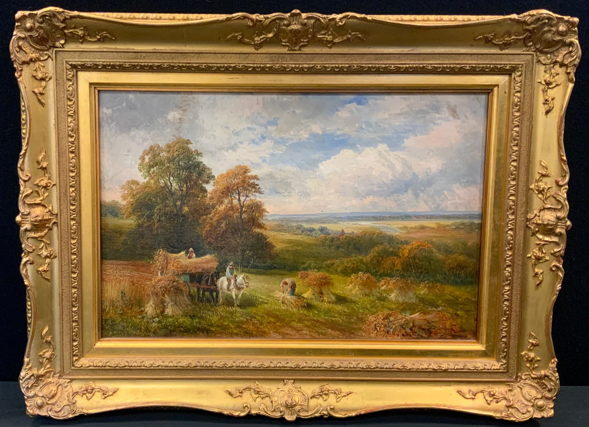 George Turner (1843-1910)  Harvesting near Ingleby, Derbyshire signed, inscribed, titled and dated 1876 to verso, oil on canvas, 31cm x 46cm