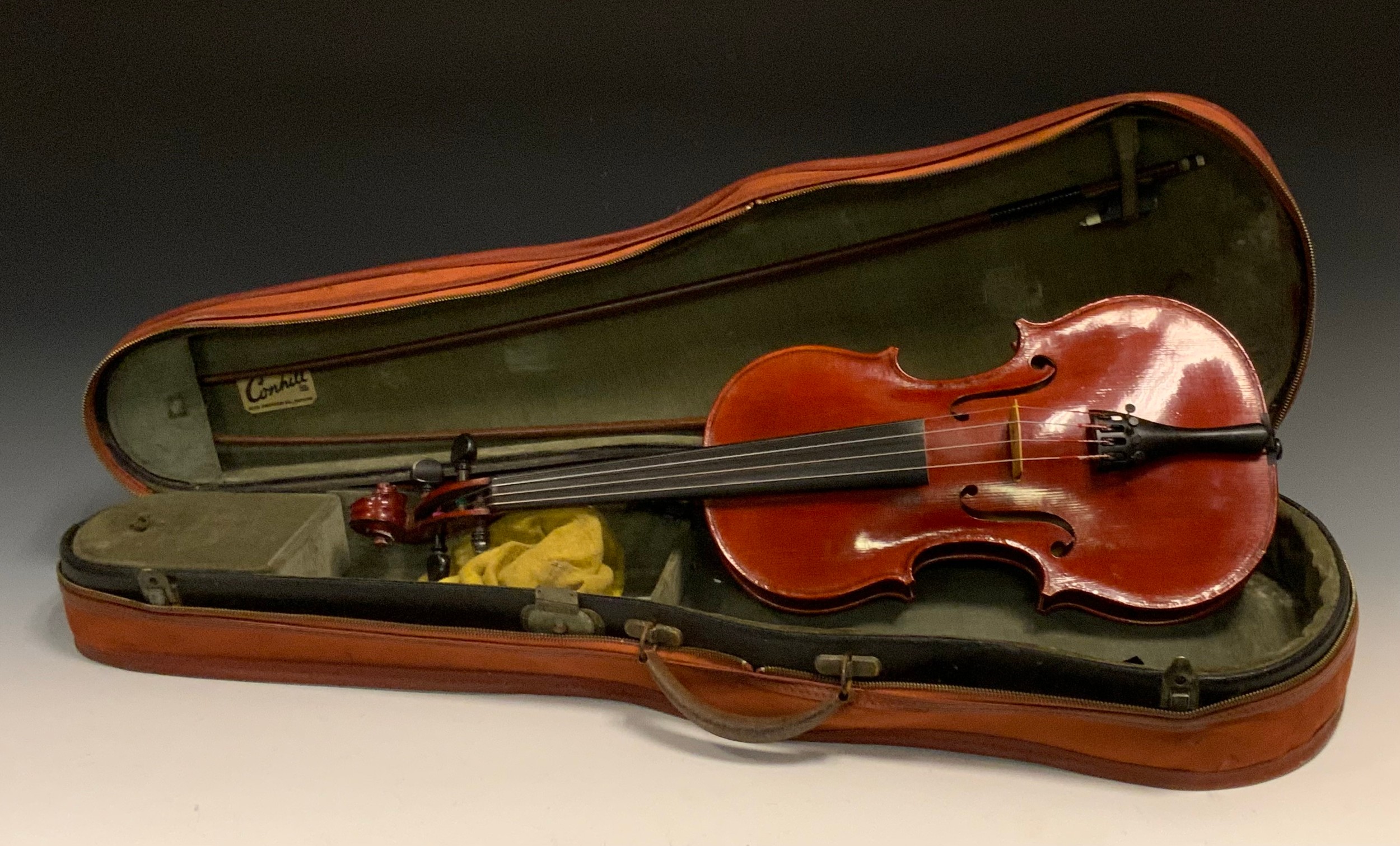 A 20th century Italian violin, Arnaldo Morano Taurinensis, anno 1976, two piece back, 37cm long, two bows, cased