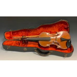 A full size French violin by Jean-Baptiste Colin, with 'Lutherie Artistique' label, with two-piece back, length of back 35.8cm, cased with L Cocker bow, bone tip.  serial number 903574.