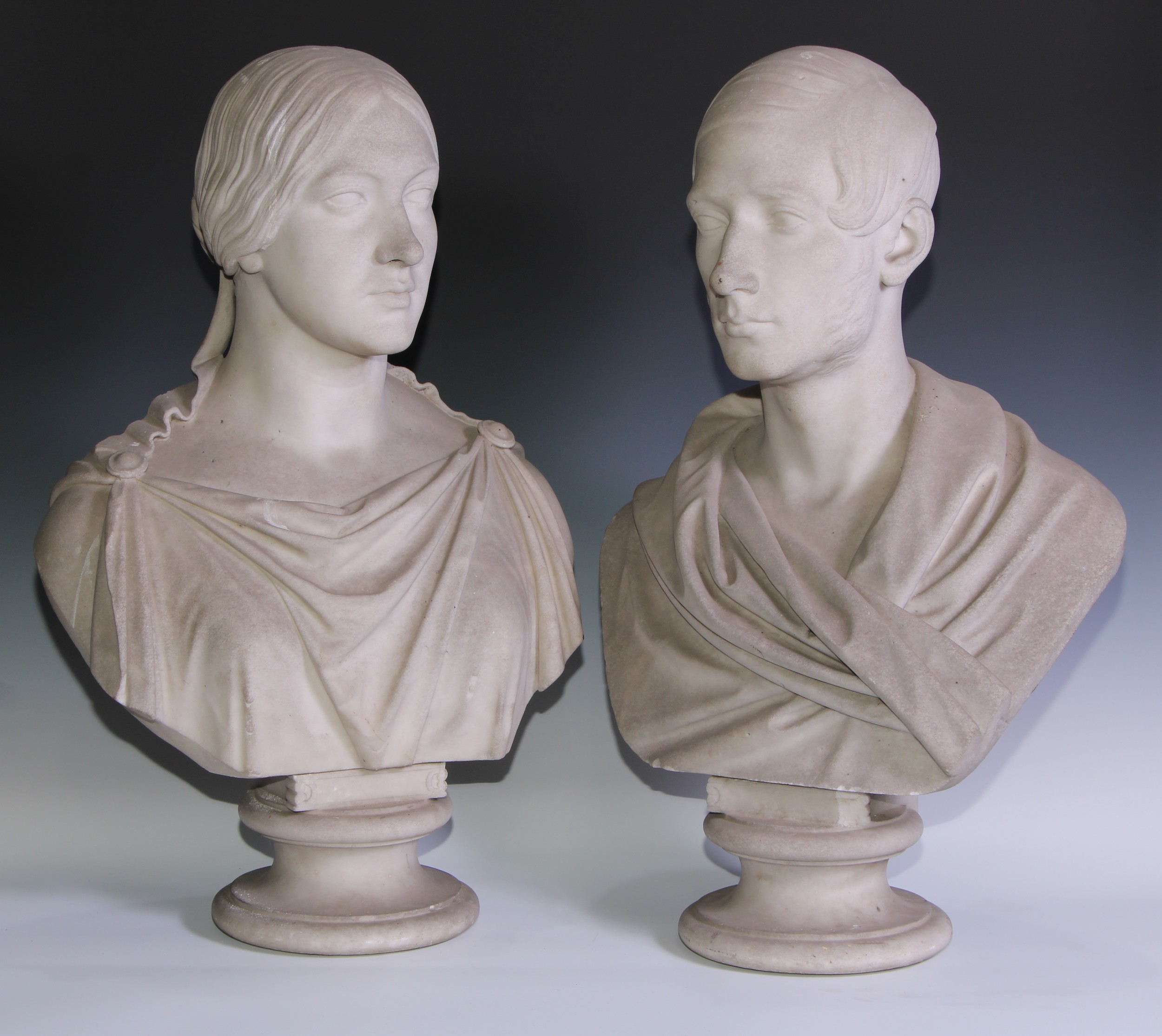 Emil Wolff (German, 1802-1879), a pair of marble portrait busts, John Talbot, 16th Earl of Shrewsbury, 16th Earl of Waterford and Countess Maria Theresa Talbot, each inscribed E. WOLFF FC. ROMÆ 1845, waisted socles, 67cm high