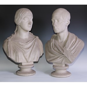 Emil Wolff (German, 1802-1879), a pair of marble portrait busts, John Talbot, 16th Earl of Shrewsbury, 16th Earl of Waterford and Countess Maria Theresa Talbot, each inscribed E. WOLFF FC. ROMÆ 1845, waisted socles, 67cm high