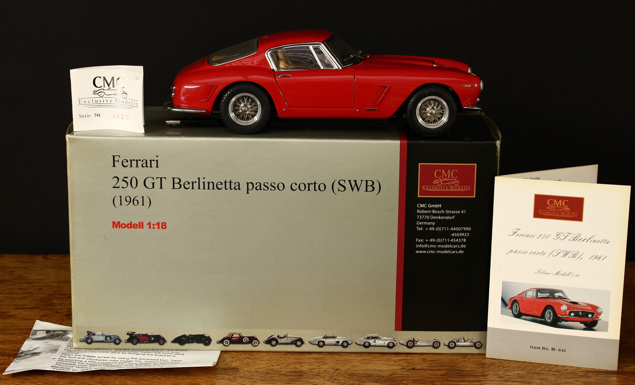 A CMC Exclusive Modelle (Germany) M-046 1:18 scale Ferrari 250 GT Berlinetta passo corto (SWB) 1961, boxed with tag (serial number 1420), original inner polystyrene packaging pieces and literature