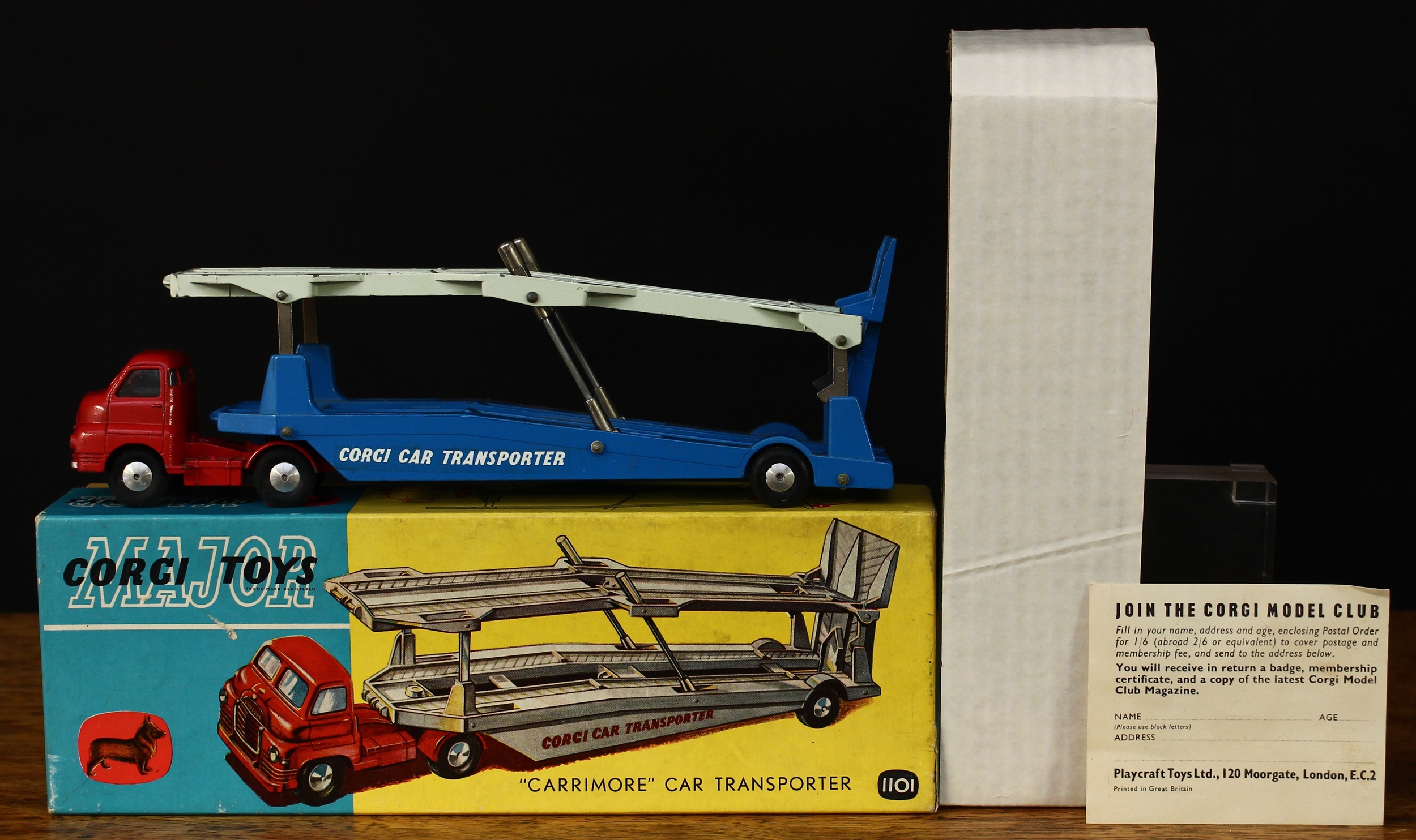 Corgi Major Toys 1101 "Carrimore" car transporter, red cab, blue and pale green transporter with decals, chrome flat spun hubs, boxed with original inner cardboard packaging piece and 'Join the Corgi Model Club' literature slip