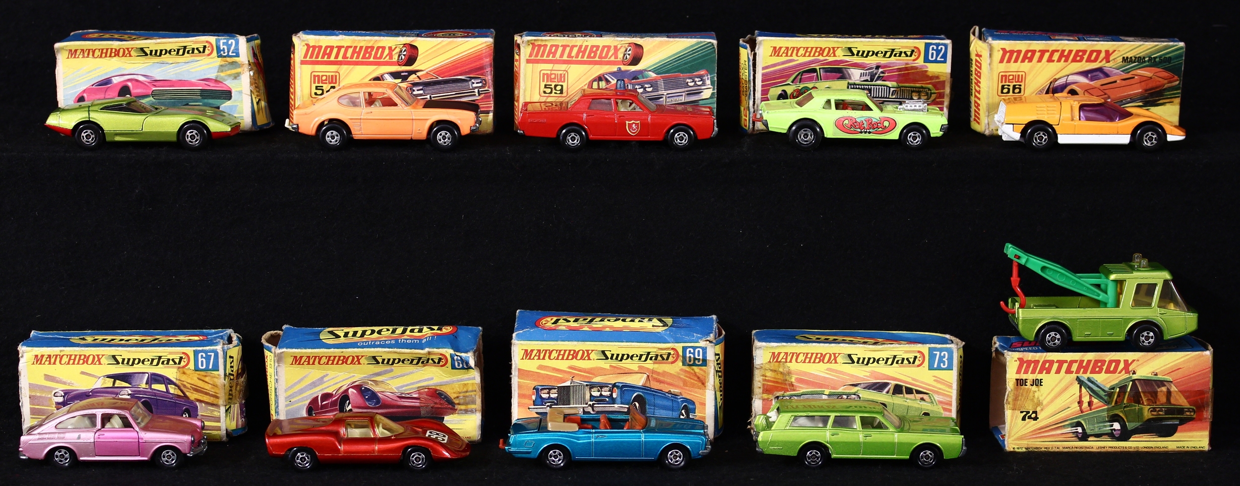 Matchbox ‘Superfast’ models, comprising No.52c Dodge Charger MkIII, metallic lime green body black interior, black wheels, red base, boxed; No.54c Ford Capri, orange body with black bonnet, cream interior, black wheels, boxed; No.59d Mercury Fire Chief, red body with decals, blue light to roof, seated plastic driver figure and passenger to cream interior, black wheels, boxed; No.62d Mercury Cougar Dragster, light green body with ‘Rat Rod’ decals to sides, red interior, black wheels, boxed; No.66d Mazda RX500, orange body with purple tinted windscreen, black wheels, white base, boxed; No.67b Volkswagen 1600TL, metallic pink body, cream interior, black wheels, boxed; No.68c Porsche 910, metallic red body with black and white racing number ‘68’ decal to bonnet, black wheels, boxed; No.69c Rolls Royce Silver Shadow, metallic blue body, brown interior, tan folded top, black wheels, yellow base, boxed; No.73c Mercury Commuter, metallic lime green body, white interior, black wheels, boxed and No.74c Toe Joe, metallic green body, yellow interior, black wheels, boxed (10)