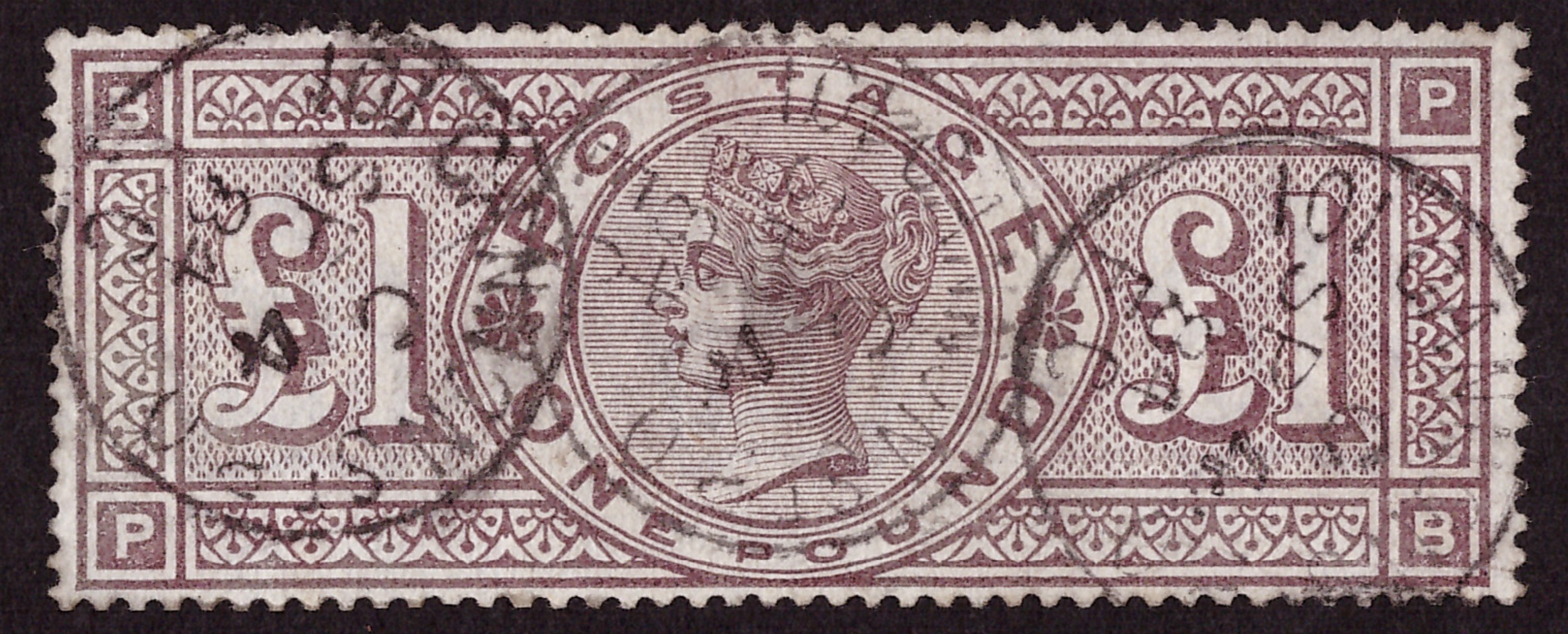 Stamps - QV 1884 £1 brown-lilac SG: 185 imp. crowns mark cat £3000, 101 Canon Street, CDS x 3