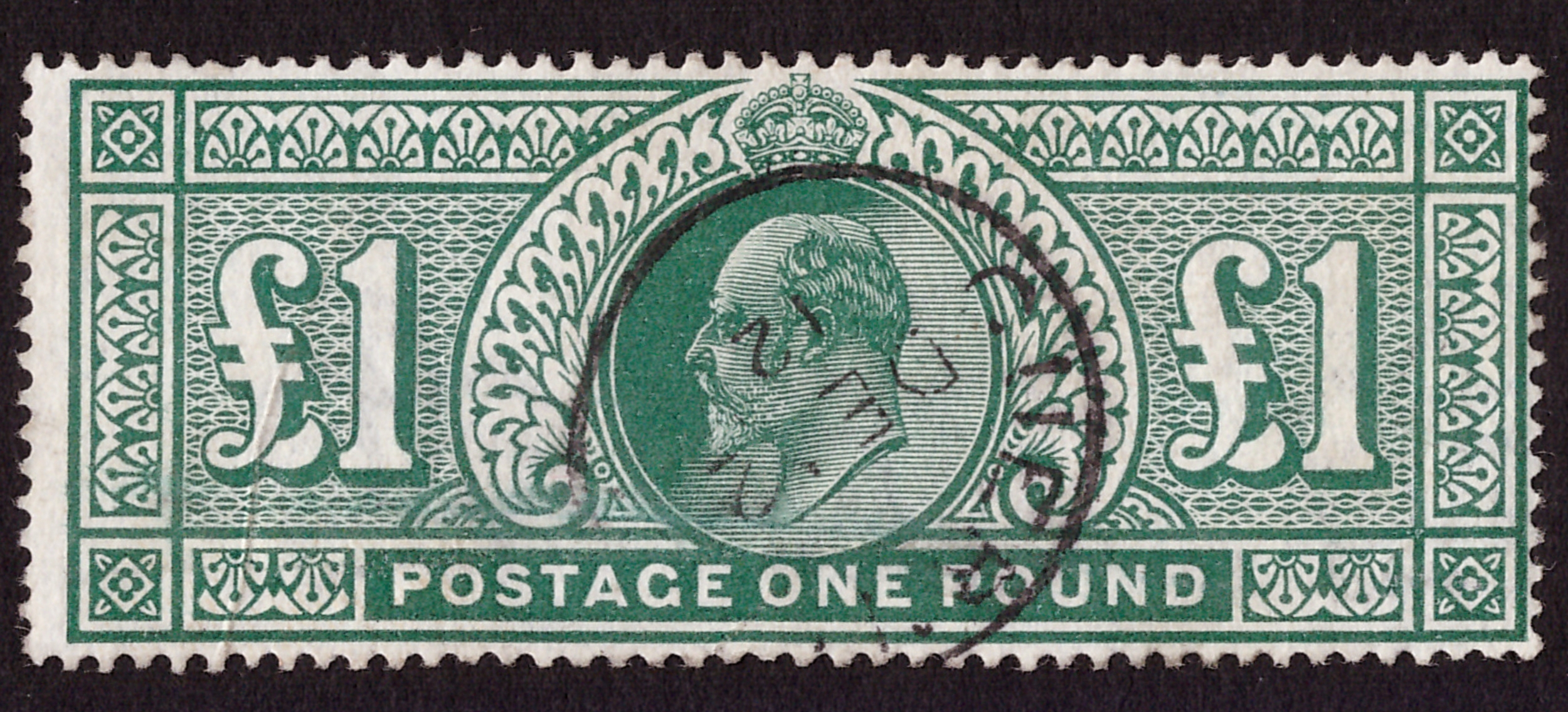 Stamps - EVII 1911 £1 DP green SG: 320 cat £750 f/v, single steel circle CDS DE.12.1912
