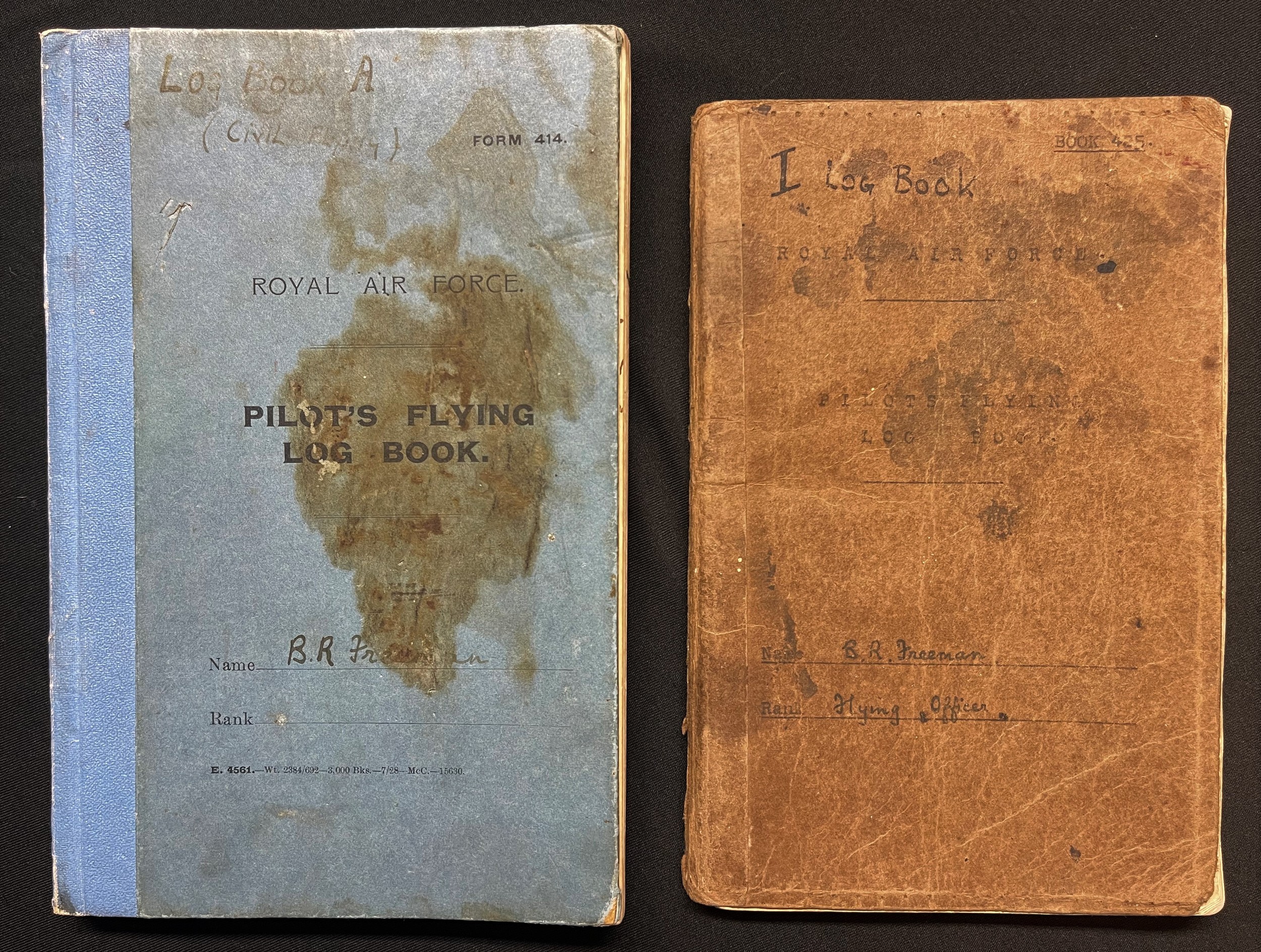 RAF Log Books to Pilot Officer Benson Railton Metcalf Freeman. RAF Log Books to a British RAF Officer who became a POW after being shot down over France in May 1940. He was later convicted of treason for becoming an Officer in the SS-Standarte “Kurt Eggers” propaganda unit in WW2 and he also worked alongside William Joyce “Lord Haw-Haw” on “Germany Calling”. Pilot Officer Benson Railton Metcalf Freeman AKA SS-Untersturmführer Benson Railton Metcalf Freeman. He also went by the alias P. Royston.   121 page Mi5, Mi9 & Air Ministry (RAF Special Investigations Branch) file on him can be found in The National Archives. This contains a wealth of first hand information from both witness statements and those made by Freeman himself under interrogation, many in great detail. His main statement is 15 pages long. He mentions John Amery on several occasions and he’s clear Freeman was close to many high ranking Nazis. The intelligence file reveals British intelligence had been aware of what Freeman was up to from early on and he was immediately placed on a black list where all his letters home were copied and forwarded to Mi9 and RAF SIB and reports were made on him from the camp through the ‘Most Secret Channels’. It is clear from very early on that they were gathering evidence to pursue a prosecution after the war. This file is a wealth of information and if you look closely at a signature in the file of Freeman, you will see it perfectly matches the writing of his name on the front of the Log Books.  Benson Railton Metcalf Freeman, born on 6 October 1903, began his military career as an officer cadet at RMA Sandhurst in 1922. Commissioned in 1924 as second lieutenant in the King's Own Royal Regiment. Developing an interest in flying, in 1926 and now a lieutenant he transferred to the RAF. He was posted as a flying officer to No.16 (Army Co-operation) Squadron at Old Sarum, near Salisbury on 22/08/1927. He later transferred to 26 Squadron at Catterick on 21/02/1929. This matches his Log Book and other sources.    In early 1931 he left the RAF to become a gentleman farmer in the quiet Gloucestershire village of Brockweir.  He was known to be ardently anti-communist and anti-Semitic. He joined the British Union of Fascists in 1937, and was a paid up member when war broke out in 1939 but, rather than risk being called up into the ranks, he rejoined the RAF and was posted to No. 24 (Communications) Squadron at Hendon as a transport pilot. There is a detailed report from his CO in the archive files. Freeman also goes into detail about his time here. On 22nd May 1940, Freeman was ordered to fly with his squadron from Croydon to Merville in France. Whilst flying back to the U.K his aircraft was hit by A/A fire over St Omer and and crash-landed near near Arques, resulting in him being captured by German soldiers. Whilst the RAF were sorting though his personal effects following his failure to return from Operations, his BUF ID card was found, which raised concerns internally and a file was opened. On 20th June, the Air Ministry wrote to the Provost Marshal - the chief of the RAF Police. The letter - marked "Secret and Personal" - states: "Amongst his kit we found the attached membership card of the British Union (of Fascists). He was a member of the Maidstone Branch. A copy of this card is in the archive file. Freeman was initially taken to Stalag IIa in Neu-Brandenburg. He was then transferred to Dulag-Luft near Frankfurt. Interestingly he was close to Squadron Leader Roger Bushell here (Mastermind of The Great Escape). There was one occasion where Squadron Leader Bushell even praised Freeman for his presence of mind in causing a distraction when the German guards nearly discovered an escape tunnel. There were however some officers Freeman didn’t get along with as they held strong pro communist views and they frequently clashed when he made his own views well known. This caused friction and mistrust in the camp and it seemed mutually beneficial if Freeman was to leave. Freemans pro Nazi stance and BUF membership was well known to the Camp Commandant Major Theodor Rumpel with whom he often met with and referred to him as a personal and great friend, and he made arrangements for Freeman to be able to leave the camp under a parole not to attempt to escape. He initially stayed on a farm belonging to the family of a German camp officer called Lt. Eberhard, who was an ardent Nazi, before he was taken to Berlin where he met Dr Fritz Hesse where they discussed how he could be useful to the Nazi cause. Later he was recruited by the German Radio Corporation and took part in the 'Germany Calling' programme. The main presenter of this propaganda was William Joyce (Lord Haw-Haw). Freeman shared an office with another convicted British traitor, Norman Baillie-Stewart. Freemans job was to write scripts for Joyces program but also worked on one of his own. At the radio station Freeman, now using the name "P. Royston", presented a weekly programme called JAZZ Cracks, an odd mix of jazz and "wisecracks", which his former boss in Berlin described as being "anti-Jewish, and anti-Bolshevik, and criticisms of the British Government." Throughout this time he resided in Berlin and was paid a salary of 200 Marks per week. In September 1944, whilst at a social event in Berlin, he had a chance meeting with Gunter d’Alquen, chief editor of the weekly Das Schwarze Korps, the official newspaper of the Schutzstaffel, and commander of the SS-Standarte Kurt Eggers. Taking a liking to Freeman and having joint views on the likelihood of the German defeat in the East, d’Alquen offered him a commission in the “Kurt Eggers Regiment”. Freeman joined the Waffen-SS in October 1944, where he made a declaration that he was “an Englishman of Aryan descent and have never, neither now nor previously, been a member of a free masons lodge nor any other secret society.” He was not required to command troops, but to vet propaganda material. In April 1945, as his office was being evacuated from Berlin, he was given the opportunity to fly an aircraft to Switzerland, but refused to abandon his SS comrades: 'I thanked them very much but said I would stay with them until the last day and what I had done was for the best and if certain people thought I was a traitor, I had much the same opinion of them!' Freeman gives an extremely vivid and detailed account on his final days with the Waffen-SS in the files which includes him personally flying a Fieseler Storch out of Potsdam to a Bavaria with SS officers including Gunter d’Alquen as the Soviets approached. Their plan initially was to approach the Americans and British with the hope of fighting alongside them against the Soviets. Since 1944, Mi5 had a "British Renegades Warning List" in operation, alerting Allied (SHAEF) forces in Europe to the traitors to look out for. Freeman - still using the name Royston - was eventually apprehended on May 9th when he surrendered to US forces near Lenggries in south-eastern Germany. He was brought bank to the UK where he was immediately arrested by the intelligence services. He was still hopeful that he would be able to fight against the Soviets. "The SS," he told his Mi5 interrogators, "has always been pro-English and anti-communist." His belief in the SS postwar remained absolute. He added that had he known earlier "what a sincere body, entirely pro-English" they were, he'd have joined the Waffen SS earlier”. He also offered to return to Germany in an effort to contact "the leaders of this organisation which has now gone underground" so that they could assist in what he predicted would be an inevitable war between Britain "and the Russians whose aim is to control Europe". He also said "the war would have ended long ago if Churchill, certain other leaders in this country and the Jewish financiers had been willing to fight the Bolshevik menace along with Germany". He was court-martialed at RAF Uxbridge in September 1945. He was charged under section 4(5) of the Air Force Act with voluntarily aiding the enemy whilst a prisoner-of-war and, under section 40, with accepting a salary from the enemy whilst a prisoner-of-war. He was found guilty on three out of four charges, including serving in the Waffen SS, working for the Germans and accepting money from them. He was very lucky as he initially faced the Death Sentence as reported by the Daily Mirror at the start of of trial in 1945. Freeman could have been sentenced to death for both of the first two charges, but instead was sentenced to 10 years of penal servitude and cashiered (lost his rank and dismissed from the RAF). This was an extremely lenient sentence for a traitor. Freeman was a British officer who'd not only broadcast Nazi propaganda (the crime which had cost Lord Haw-Haw his life) but had also joined the SS. You would have thought Freeman would have been relieved at not receiving the death sentence but he told his lawyer his sentence showed how "rotten" Britain was. "The Germans would have had the honesty to shoot me." In April 1947, he wrote from Wormwood Scrubs jail complaining he'd been "been imprisoned in the State's criminal establishments and my wife has been left to her own resources". Despite numerous appeals by his wife and friends to have his sentence commuted, it is believed that he served his full term in Leyhill Prison, Falfield, Gloucestershire. If he served his full sentence, he'd have been in his early 50s when he was released in 1955. But it is as if he just disappeared into thin air. His wife died in Ireland in the early 1970's.