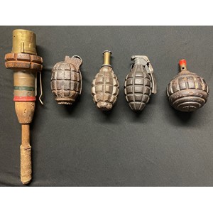 WW1 Grenade collection comprising of British Grenade, Hand, No.1: WW1 British No5 MKI Mills Grenade: WW1 German Kugel Grenade: WW1 US Mk I Grenade: WW1 French F1 Grenade. NOTE: ALL INERT & FFE. (5)