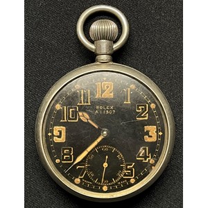 WW2 British Rolex pocket watch. Black dial with Arabic numerals, separate seconds dial. Marked Rolex A11507 to dial and back inscribed A 11507, G.S. Mk II plus WD Broad Arrow. Side of case also marked with number. Movement marked "Rolex 15 Rubies Swiss Made". Runs and ticks, would recommend a service.