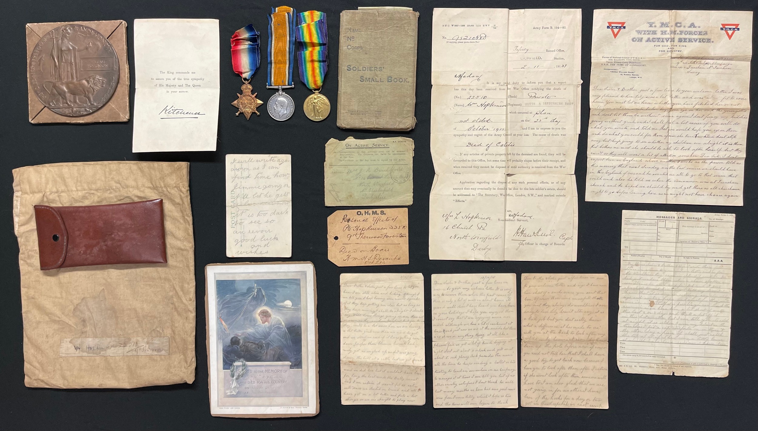 WW1 British Gallipoli Death Plaque Medal Group comprising of Death Plaque in original box of issue with slip, 1914-15 Star, British War Medal 1914-1918 and Victory Medal to 22510 Pte William Hopkinson, A Coy, 9th Battalion Notts & Derbyshire Regt. Medals have all original ribbons. Also included is his Soldiers Small Book, 6 letters he sent home, letter of notification of death, 25th October 1915, OHMS Luggage label for his effects died on board HMS Derauha, named wash bag, Religious Memorial Scroll. New to the market.