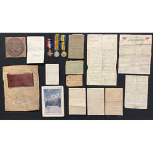 WW1 British Gallipoli Death Plaque Medal Group comprising of Death Plaque in original box of issue with slip, 1914-15 Star, British War Medal 1914-1918 and Victory Medal to 22510 Pte William Hopkinson, A Coy, 9th Battalion Notts & Derbyshire Regt. Medals have all original ribbons. Also included is his Soldiers Small Book, 6 letters he sent home, letter of notification of death, 25th October 1915, OHMS Luggage label for his effects died on board HMS Derauha, named wash bag, Religious Memorial Scroll. New to the market.