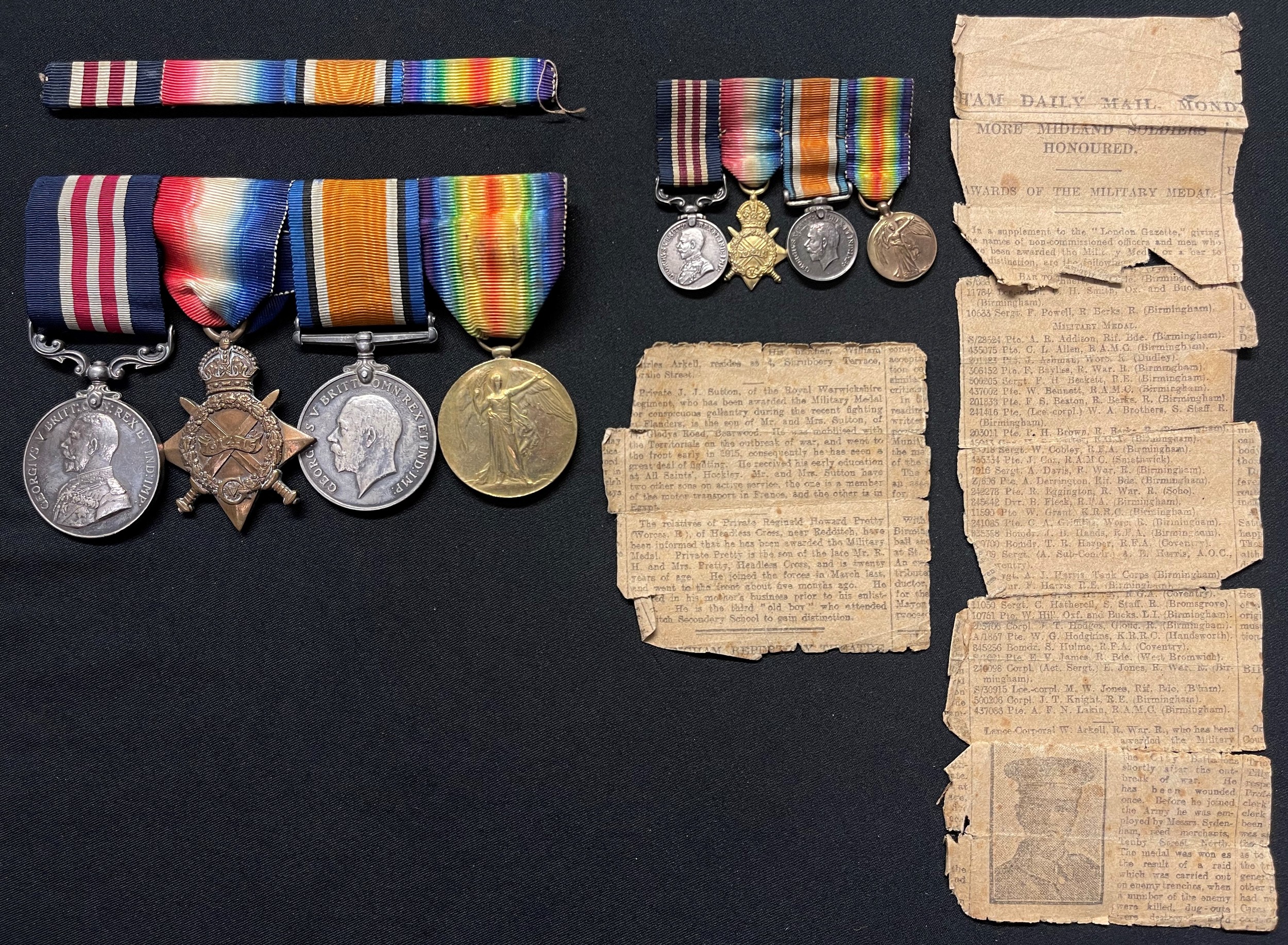 WW1 British Medal Group and a matching set of miniatures comprising of Military Medal, 1914-15 Star, War Medal and Victory Medal to 10761 Pte W Hill, 5/Oxford & Buckinghamshire Light Infantry. Mounted on a bar with original ribbons. Plus an original Birmingham Daily Mail Newspaper cutting listing his award of the MM and a matching ribbon bar.