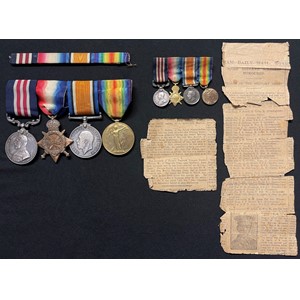 WW1 British Medal Group and a matching set of miniatures comprising of Military Medal, 1914-15 Star, War Medal and Victory Medal to 10761 Pte W Hill, 5/Oxford & Buckinghamshire Light Infantry. Mounted on a bar with original ribbons. Plus an original Birmingham Daily Mail Newspaper cutting listing his award of the MM and a matching ribbon bar.