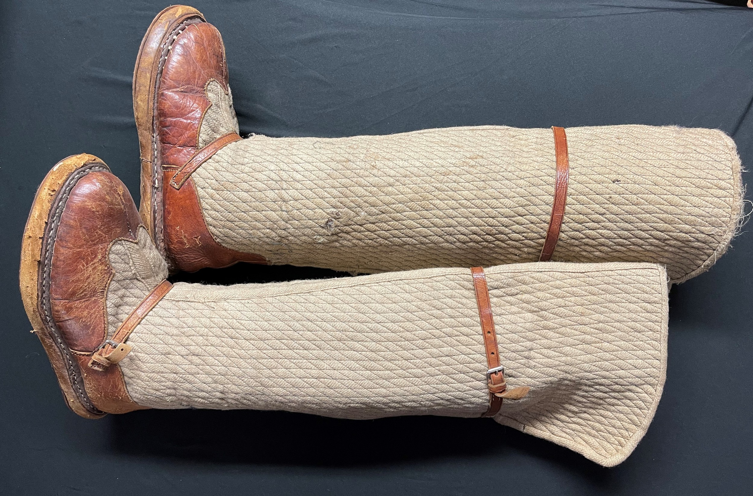 WW1 British RFC / RNAS Airship Boots. Flat soles without heels to avoid sparks. Long knee length boots with fabric construction to uppers. No visible makers marks or dates.