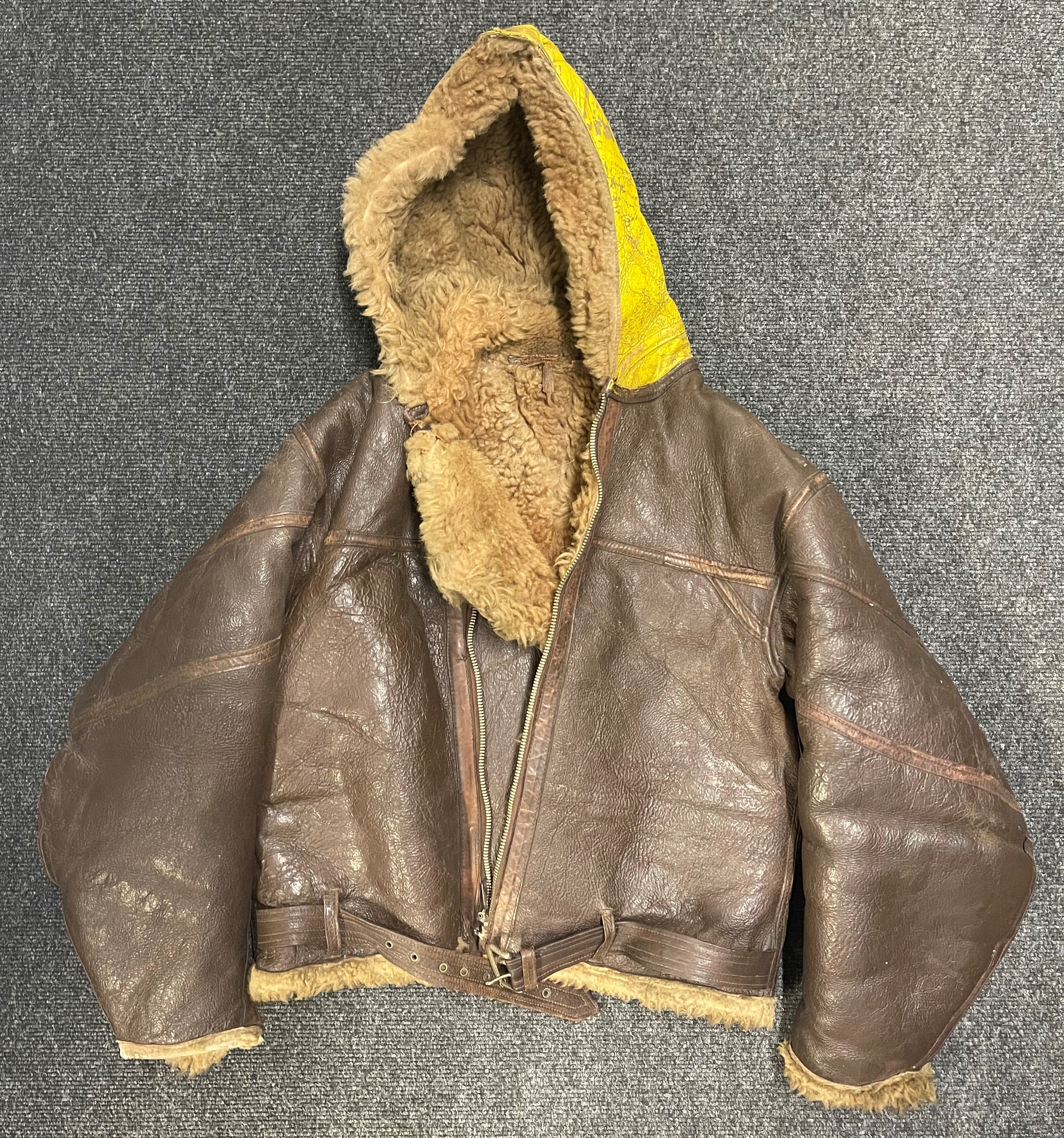 WW2 British Fleet Air Arm / Coastal Command Irving Sheepskin Flying Jacket. Size approx. 34/36 inch chest. Yellow hood.