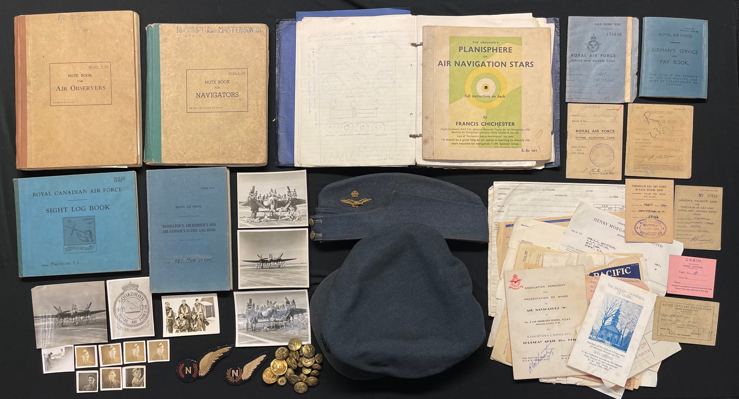 WW2 British RAF Navigators Group to 164849 Flying Officer Stanley Charles Masterson comprising of: Navigator's, Air Bomber's & Air Gunners Flying Log Book commencing 9/9/1943 to 17/10/1944, 111 hours day and 43 hours night. Aircraft include Oxfords, Ansons and Mosquitos. : RCAF Sight Log Book Jan 1944 to April 1944: Officer's Validity Card: RAF Flying Clothing Card listing kit issued: RAF Service & release Book: RAF Officers Service Dress Cap, Canadian made by Wm. Scully of Montreal complete Officers cap badge, chinstrap and with the original 1944 sales receipt: Officers Field Service Cap complete with badge: training logs, RCAF buttons, British made Navigators Brevette, plus a padded Canadian made Navigators Brevette with price label still affixed to reverse: Paybook, documents, photos, notebooks from training, telegrams, Planisphere of Air Navigation Star, etc. F/Lt. Masterson rose through the ranks from an Airman. Did his aircrew training in Canada. Saw early post war service in Italy. New to the market.